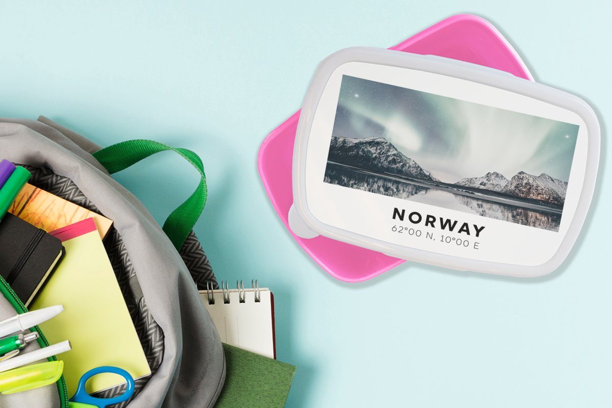 Lunchbox Nordlichter Mädchen, (2-tlg), - rosa Erwachsene, - Kunststoff Kinder, Snackbox, für Brotbox Kunststoff, Norwegen Wasser, Brotdose MuchoWow
