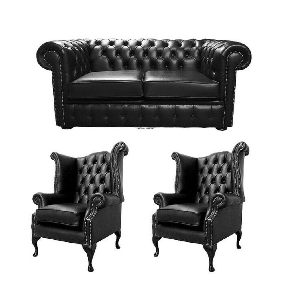 2-Sitzer Sofort, Made Leder in Chesterfield Ohrensessel), Sofa/2x 100% Designer Klassische (3-St., JVmoebel Sofagarnitur Europa Wohnzimmer-Set Sofa