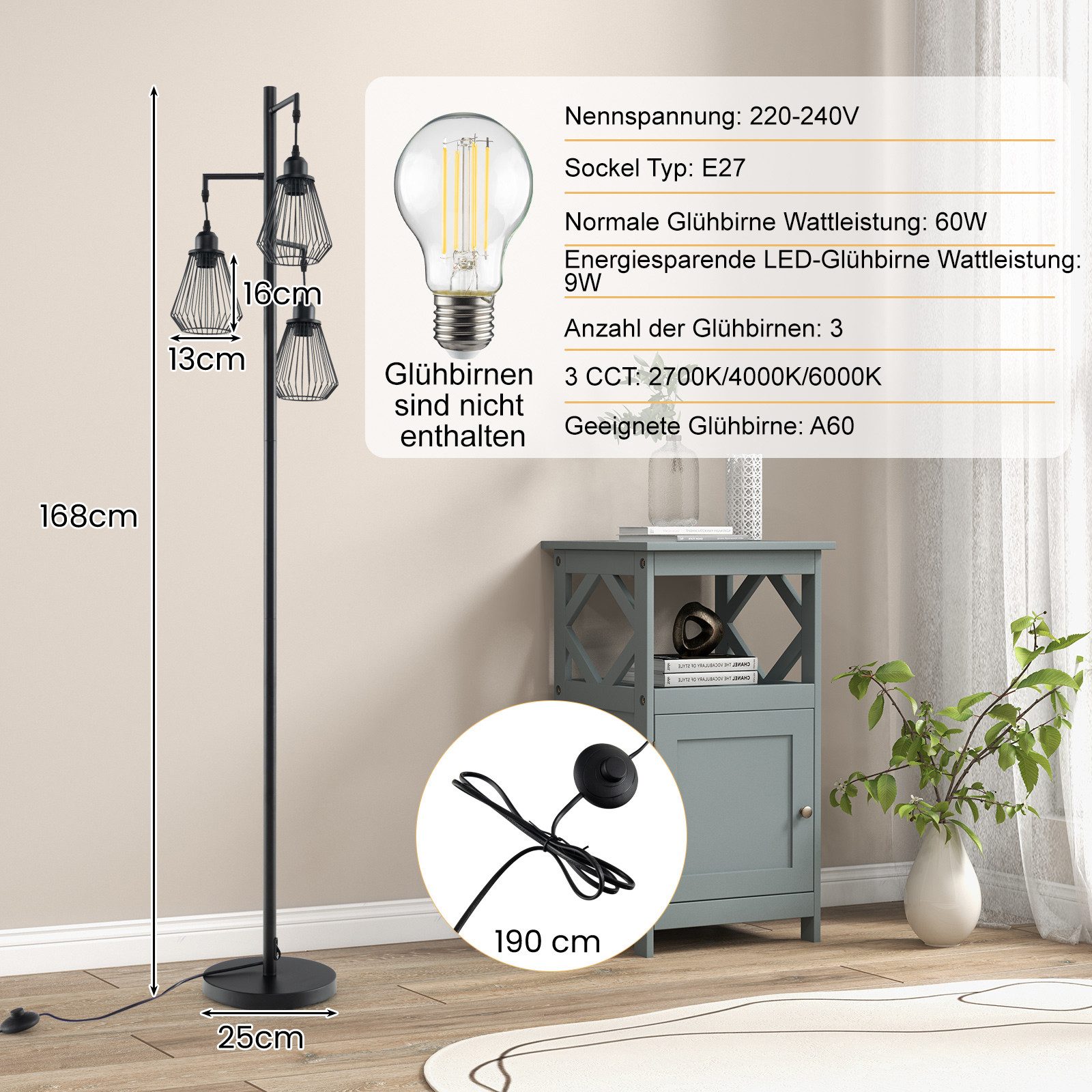 COSTWAY Stehlampe, 169 cm, mit 3 Lampenschirmen, Sockel & Fußschalter