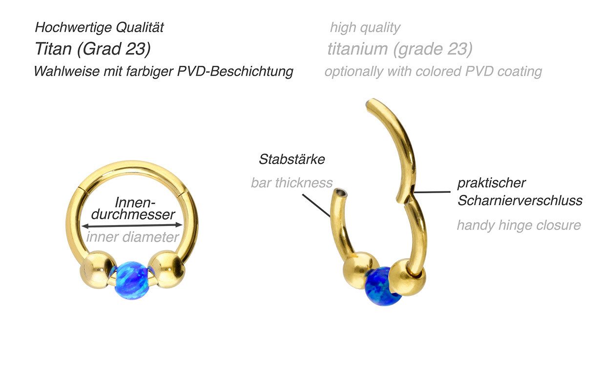 PIERCINGLINE Nasenpiercing Titan Segmentring Clicker SYNTHETISCHE OPALKUGEL Ohrpiercing Septum (Clicker, 1-tlg), Ohrpiercing für Conch, Helix, Tragus, Daith, Lobe