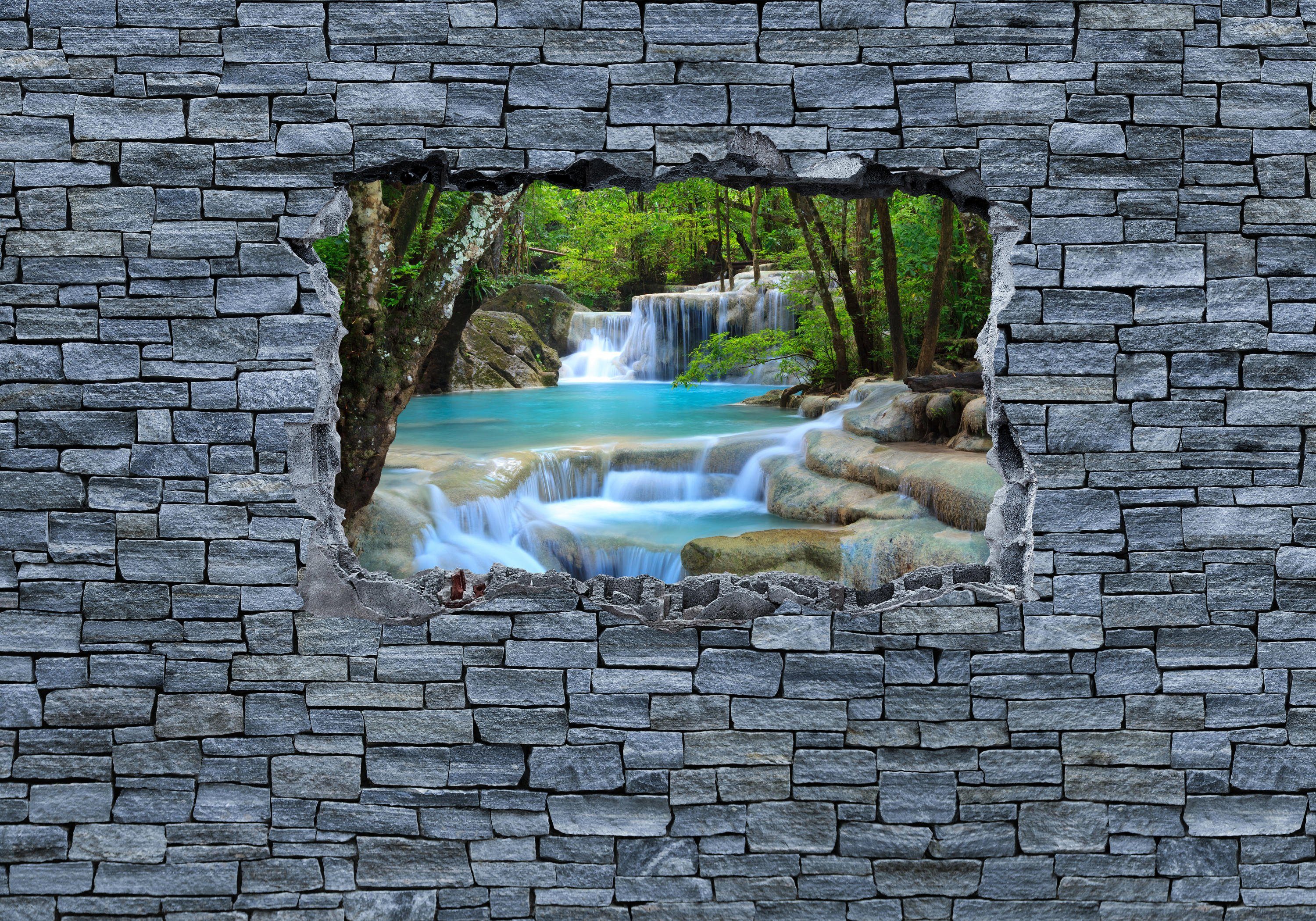 glatt, im 3D - wandmotiv24 Thailand Vliestapete Motivtapete, Wasserfall Fototapete Erawan matt, Steinmauer, Wandtapete,
