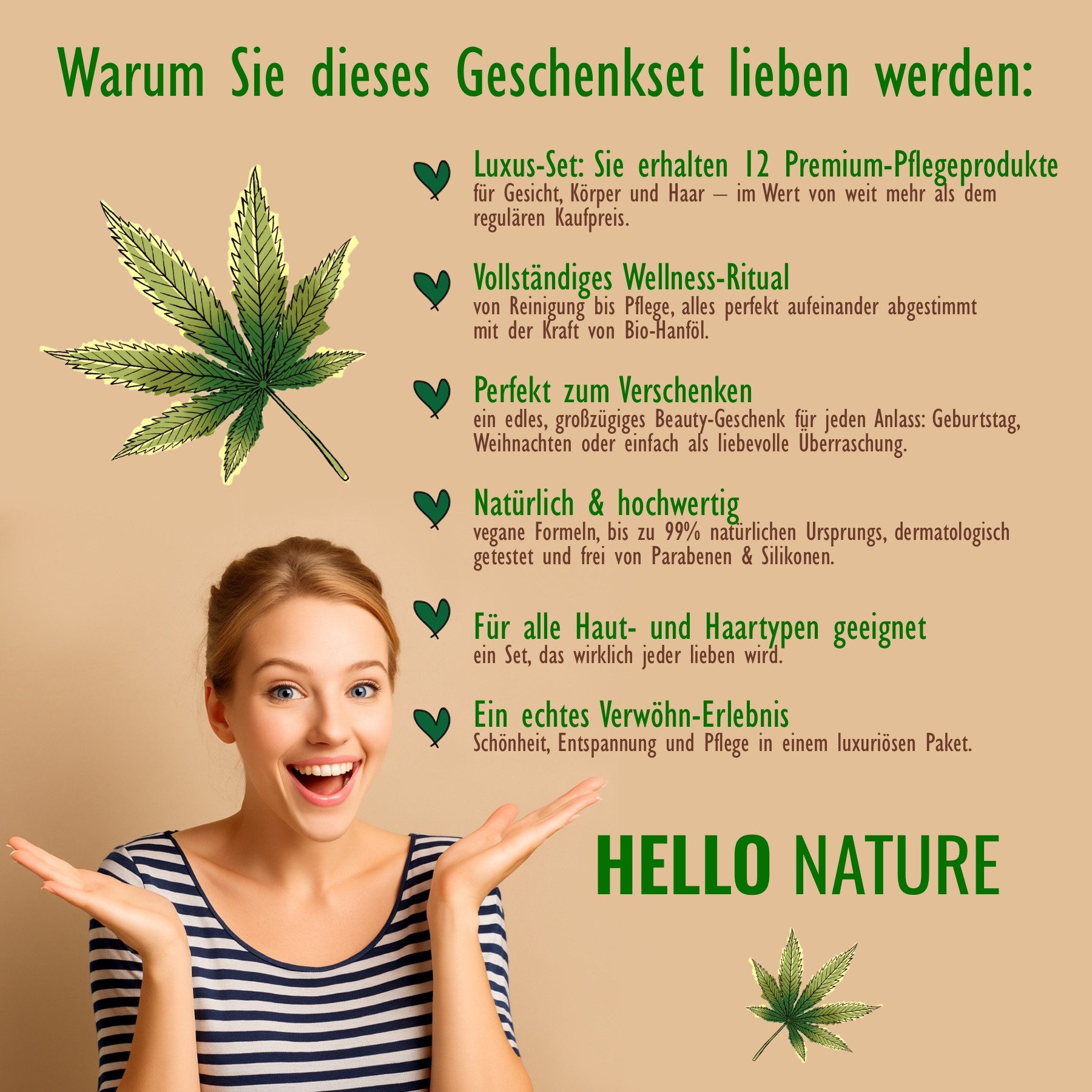 Hello Nature Pflege-Geschenkbox Pflege Haare Body Set Geschenkset Damen Beauty Cannabis, 12-tlg., Hautpflege, Haarpflege, Körperpflege, Cannabis, Hanföl, Geschenk box