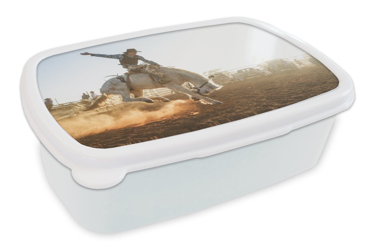 MuchoWow Lunchbox Pferd - Cowboy - Stoff, Kunststoff, (2-tlg), Brotbox für Kinder und Erwachsene, Brotdose, für Jungs und Mädchen weiß