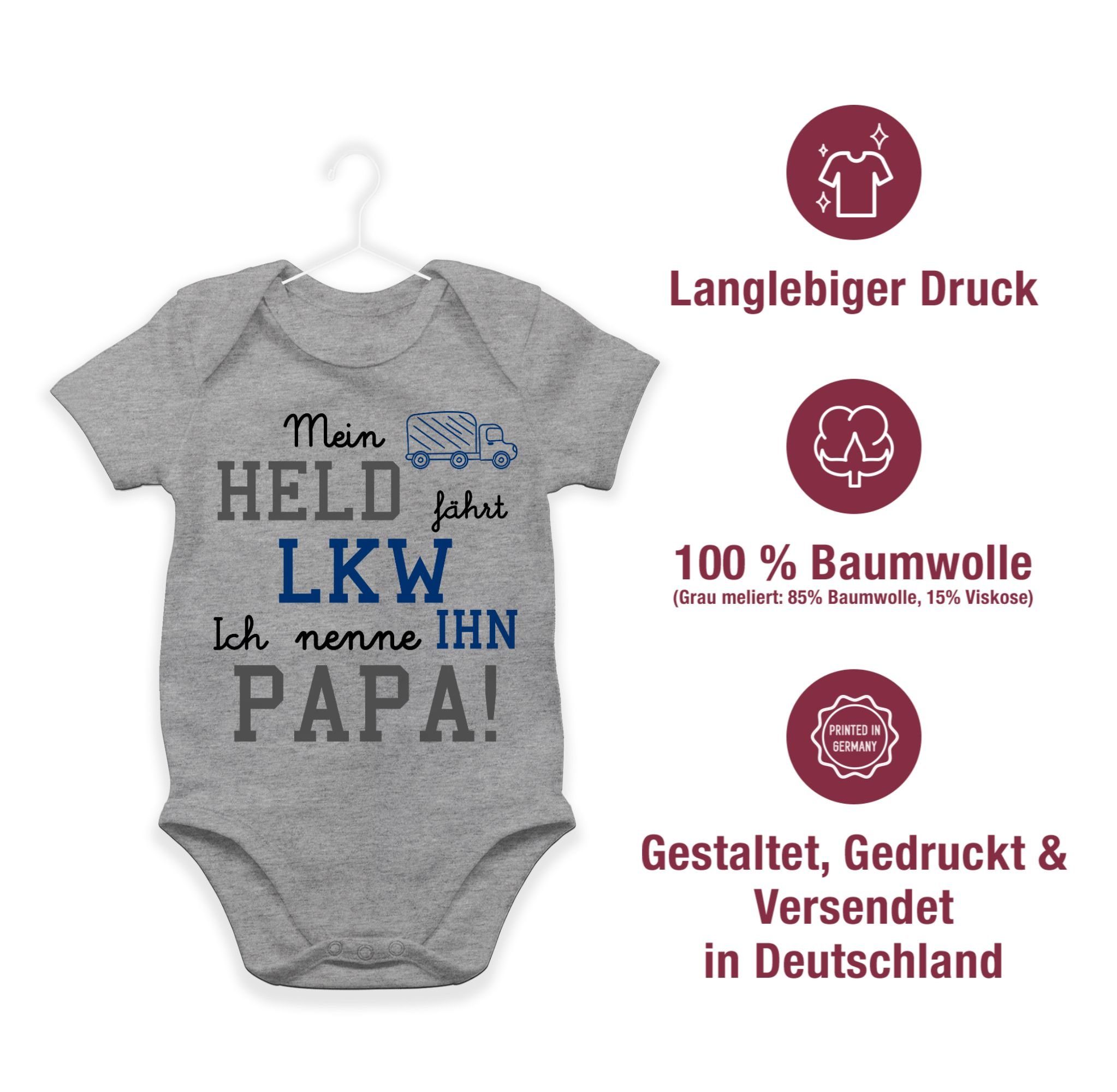 Sprüche Held Shirtracer Grau meliert 3 fährt Baby Shirtbody LKW Mein