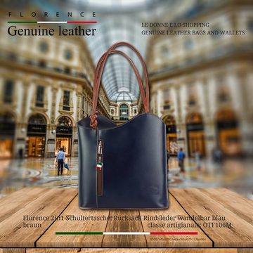 FLORENCE Schultertasche Florence 2in1 Damen Schultertasche (Schultertasche), Damen Leder Schultertasche, Rucksack, blau, braun ca. 28cm