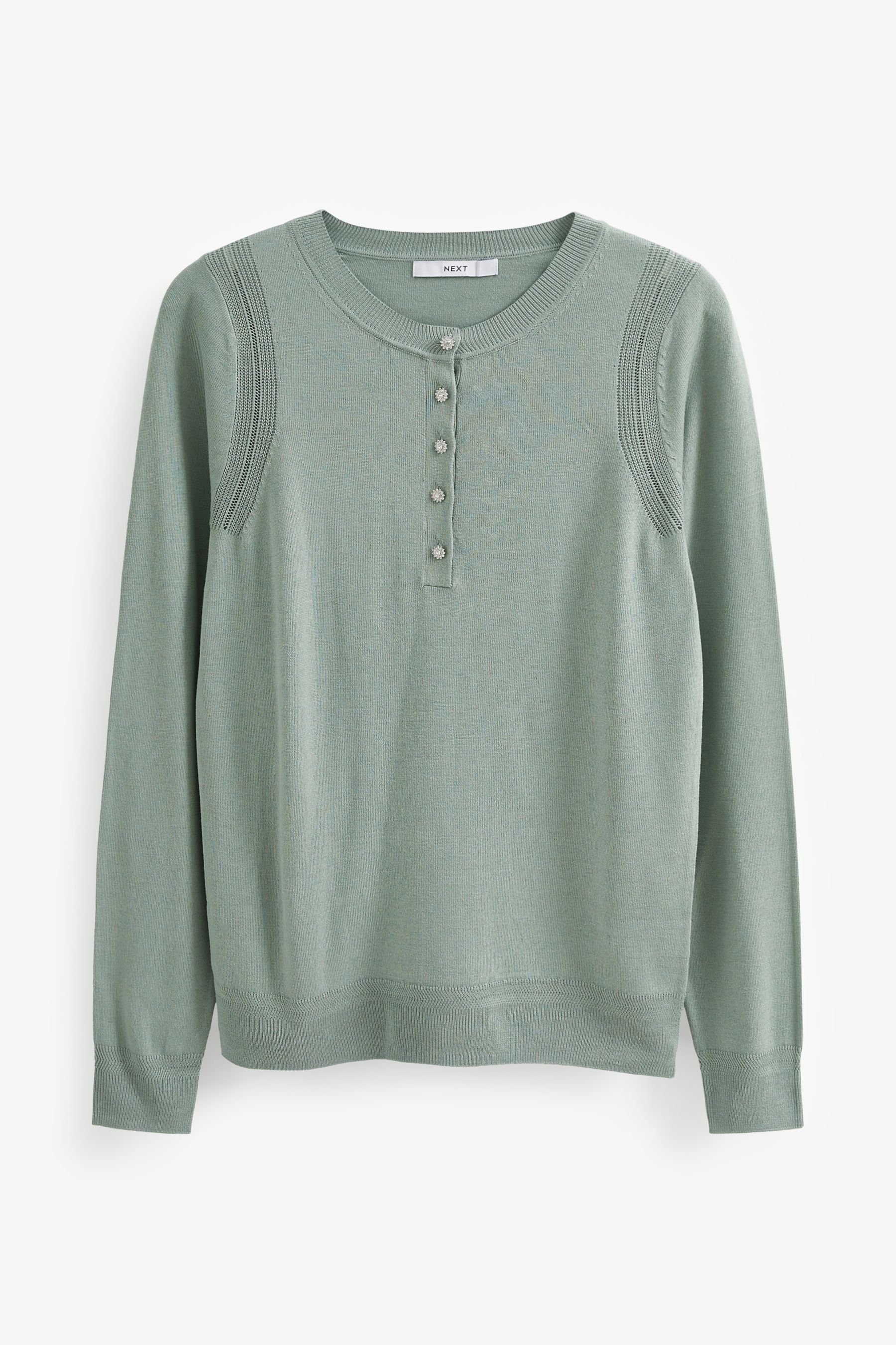 Rundhalspullover Henley-Pullover Green Schmucksteinknopf Next mit (1-tlg) Sage