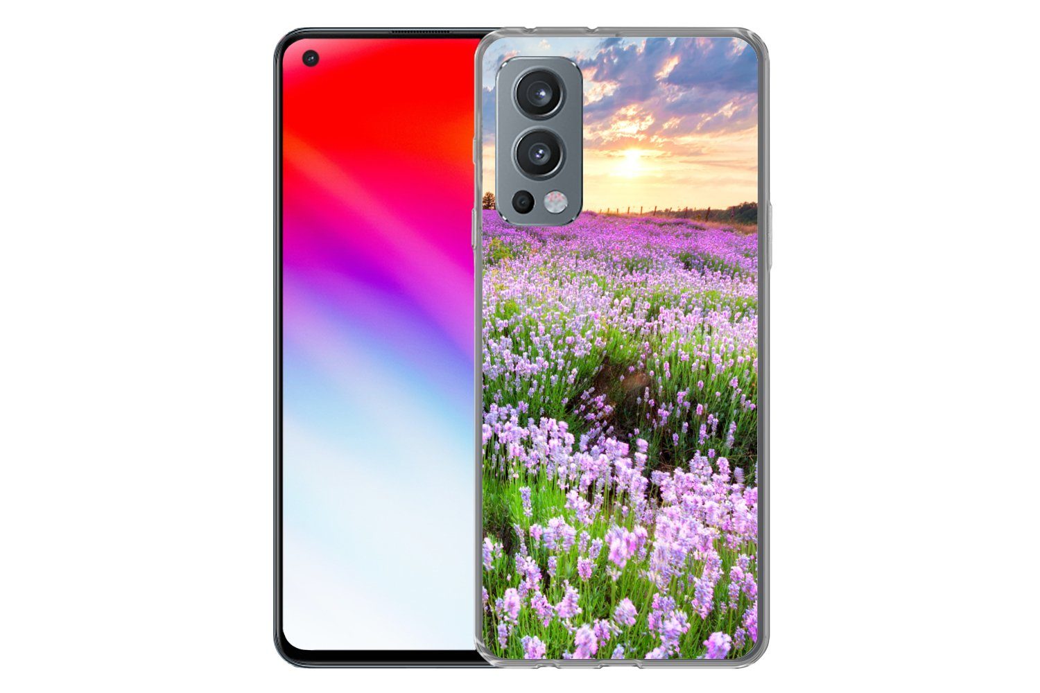 MuchoWow Handyhülle für OnePlus Nord 2 5G Blumen - Lavendel - Lila - Himmel - Sonnenunterg, Phone Case, Silikon, Schutzhülle Dünn