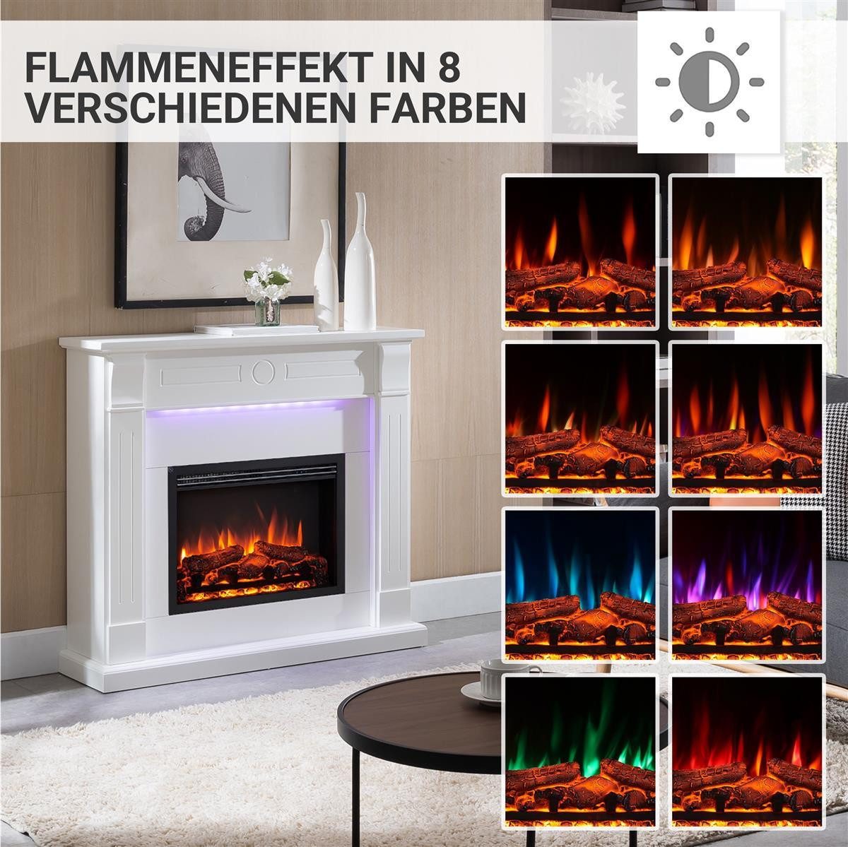 Balderia Elektrokamin Elektrokamin Standkamin BALDERIA Hikaru – Heizung bis 2000 W, weiss, 3D-Flammeneffekt, LED, App-Steuerung, Fernbedienung, Timer