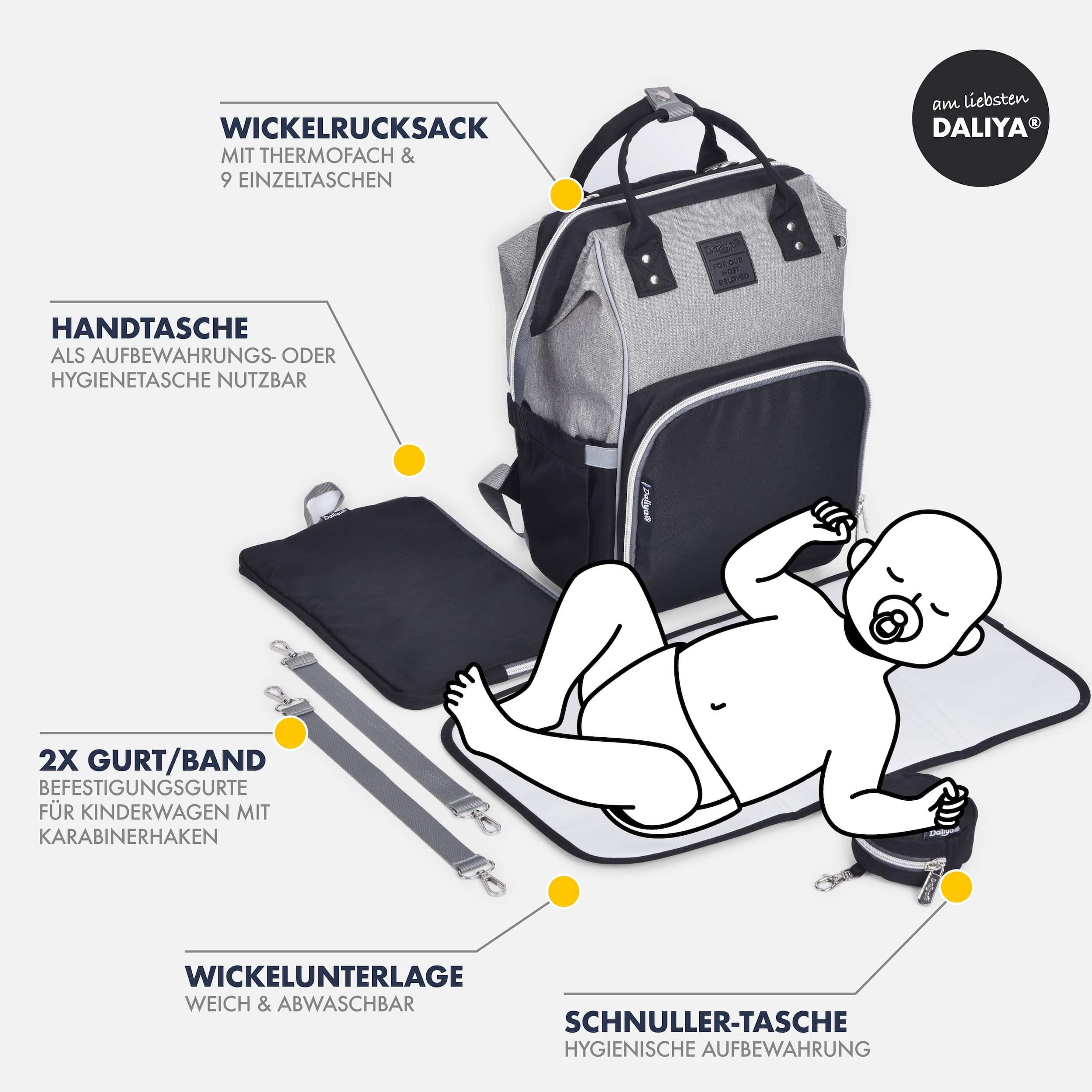 Daliya® Wickeltasche PAKMI Wickelrucksack, Kinderwagentaschen, Mamabag (Set, 5-tlg., Befestigungsriemen), Thermofächer, Schnuller Aufbewahrung, Wickelunterlage, hochwertig