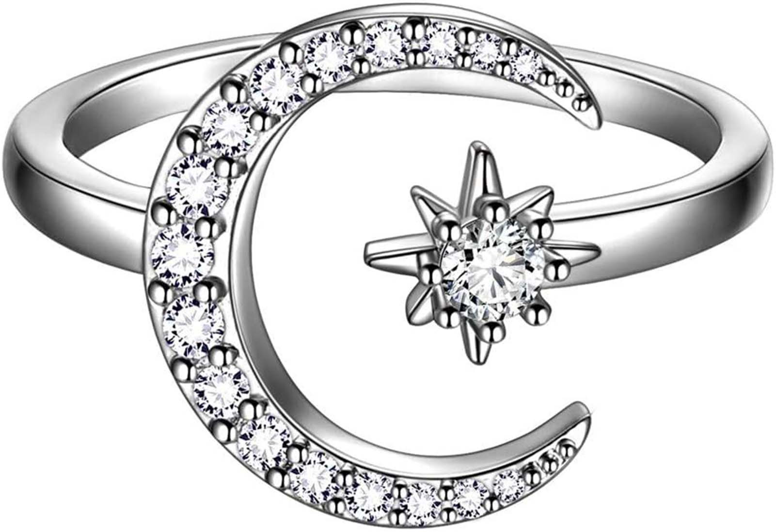 Jumpeak Diamantring Star Moon Ring,Diamant Ring Damen,Statement Ring,Verlobungsring, D/E VVS/VS 14K Gold,Eheringe,Konfirmation Geschenk Mädchen,Geburtstag