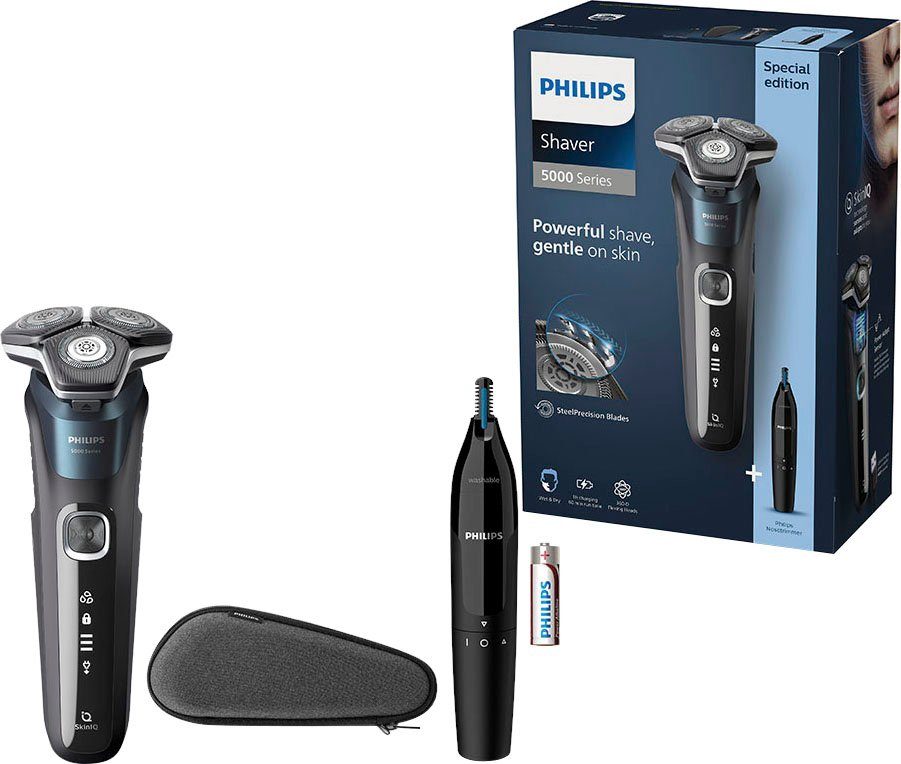 PHILIPS Elektrorasierer Shaver Series 5000 S5889/11 ausklappbarer Präzisionstrimmer, Nasen- und Ohrenhaartrimmer, Etui, mit SkinIQ Technologie mehr