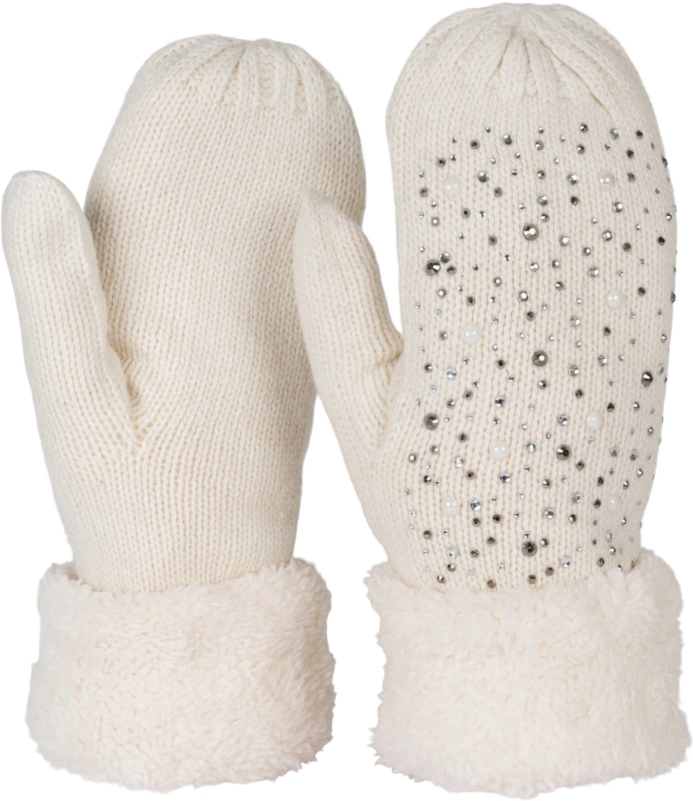 Perlen Fäustlinge Creme-Weiß und mit Fäustlinge styleBREAKER Strickhandschuhe Strass