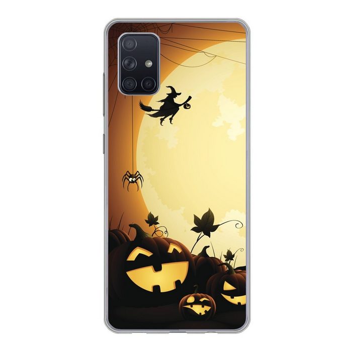 MuchoWow Handyhülle Eine Illustration eines Schlosses mit Hexen und Kürbissen zu Halloween Phone Case Handyhülle Samsung Galaxy A71 Silikon Schutzhülle