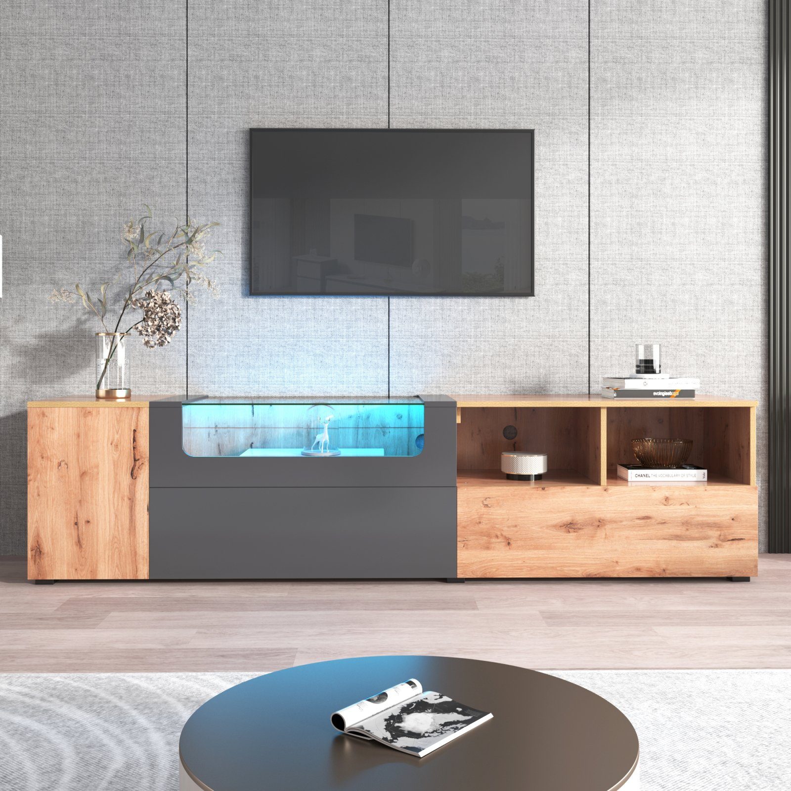 SEEZSSA TV-Schrank TV-Schränke TV Lowboard TV Board Fernsehtisch Wohnzimmer 190x40x48cm mit Farbwechselnden LED-Leuchten und Glasplatte mit Fächern und Türen Natur+Grau