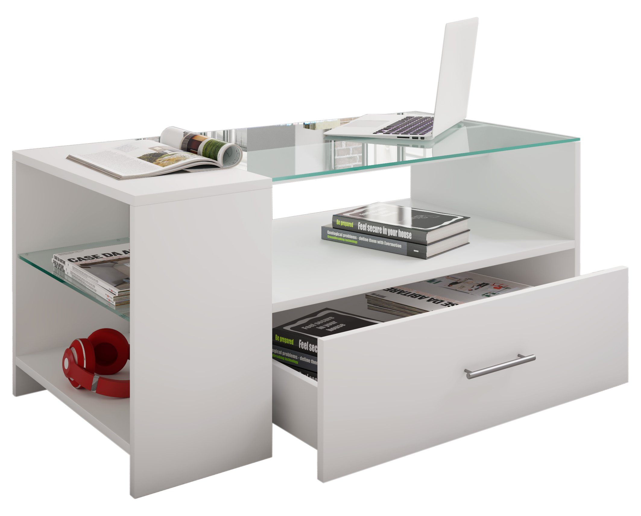 VCM Couchtisch Holz Sofatisch Couchtisch Schublade Glas Tindala, Pflegeleicht