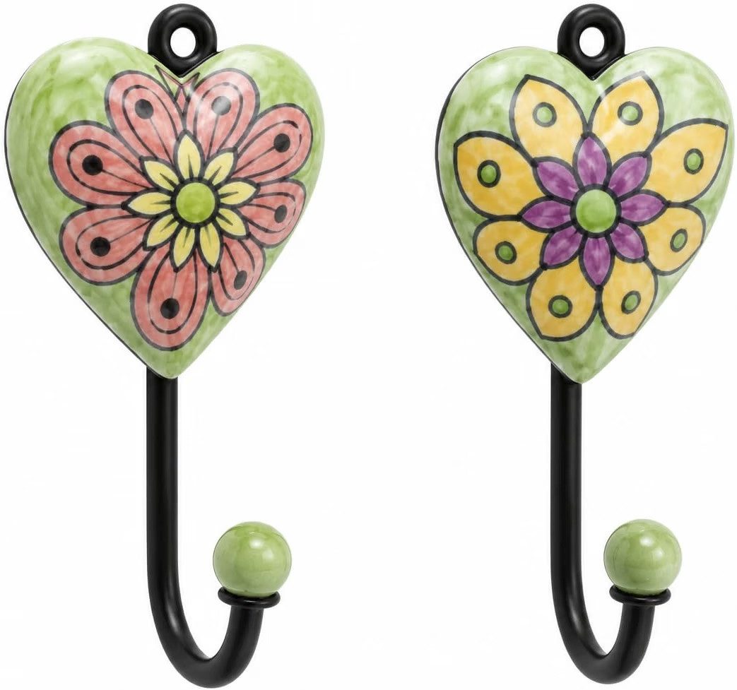 LK Trend & Style Garderobenhalter Dekorative Wandhaken Set, Herz-Design mit Blumenmuster (2 St), Keramik und Metall, lackierte Oberfläche