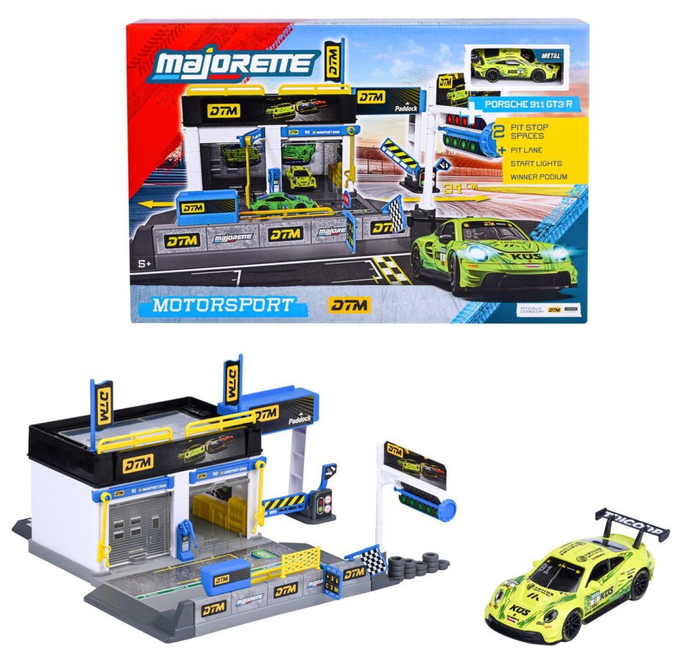 majORETTE Spielzeug-Auto Motorsport DTM Boxengasse Porsche Pit Stop + Auto 7,5 cm 8502106002