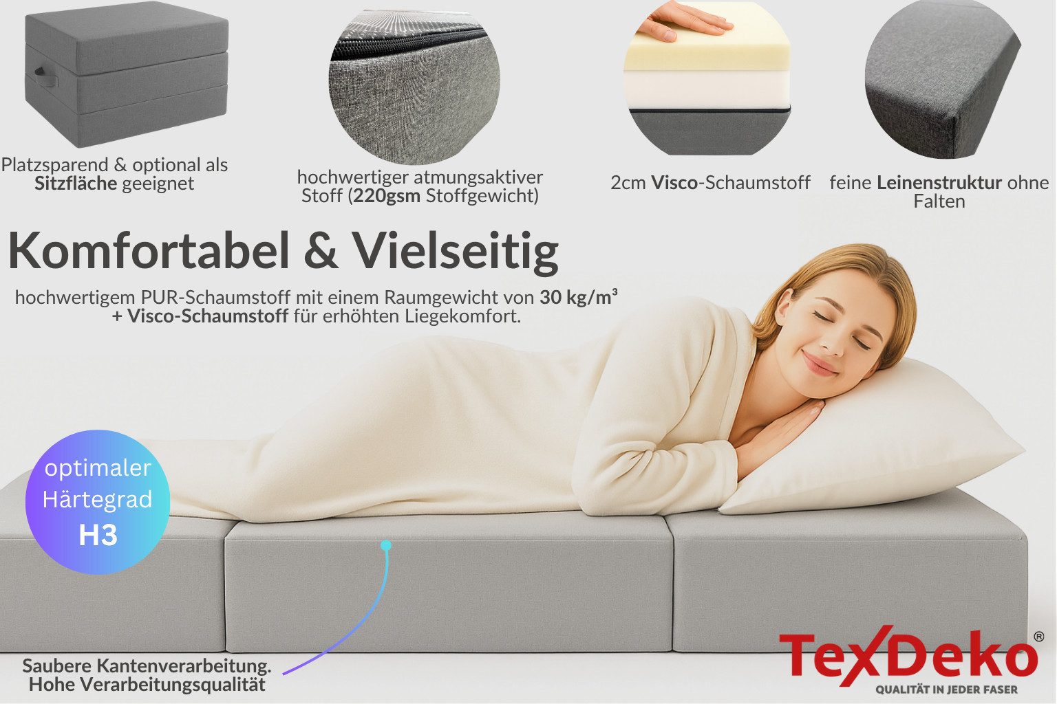 Klappmatratze Premium – 9cm dick, 2 cm Visco, Härtegrad H3, ideal als Gästematratze, TexDeko, 9 cm hoch, (195 x 75 x 9 cm), UV-Beständig, wasserabweisend, waschbarer Bezug, Anti-Rutsch-Boden