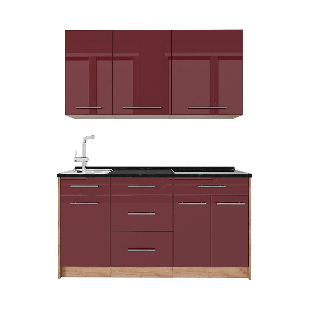 Vicco Küchenzeile Fame-Line, Bordeaux Hochglanz/Goldkraft Eiche, 150 cm, AP Anthrazit
