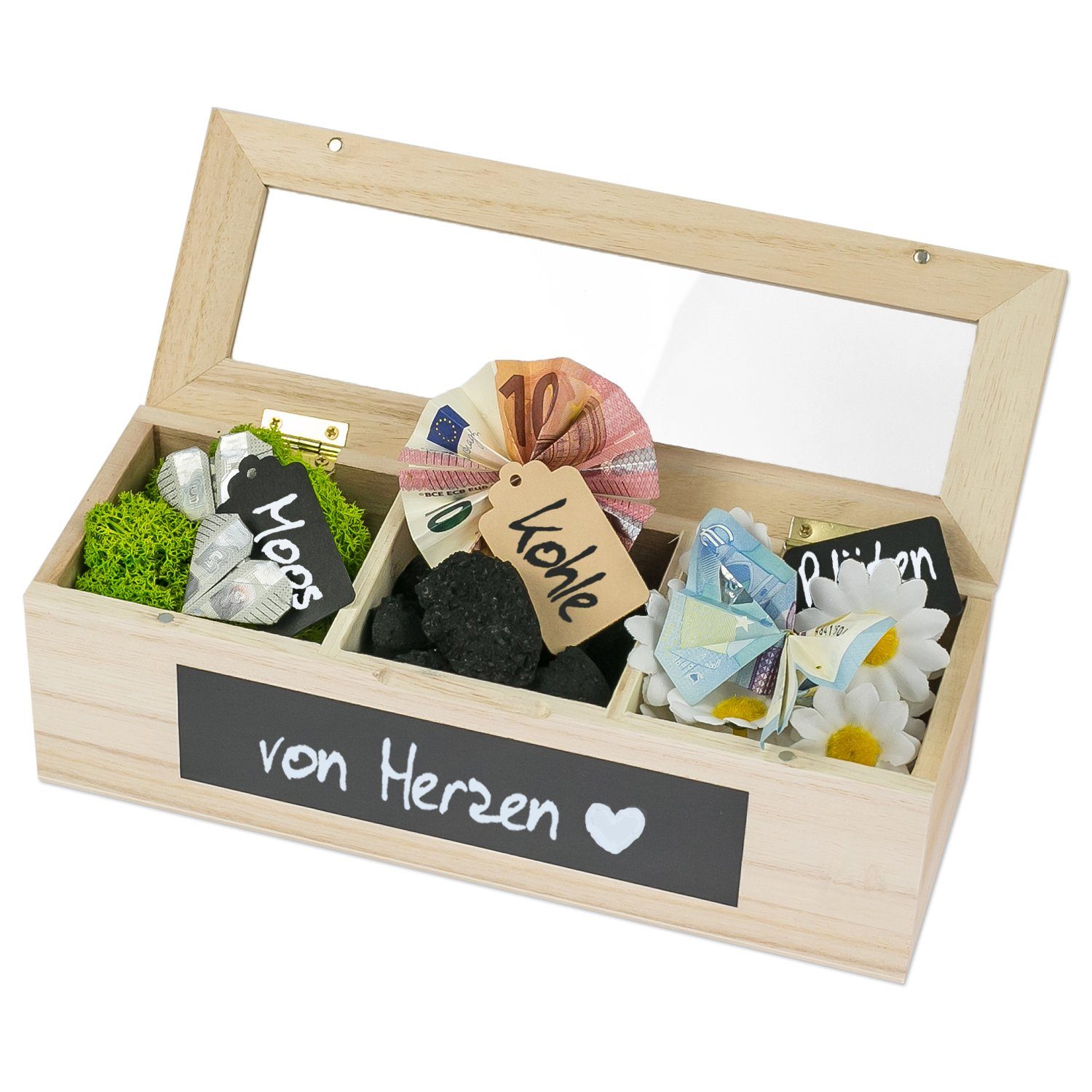 SURPRISA Geschenkbox Schotter Schatulle - kreative Verpackung für Geldgeschenke, Geschenkbox mit 3 Fächern zum Geburtstag, Abitur oder zur Hochzeit