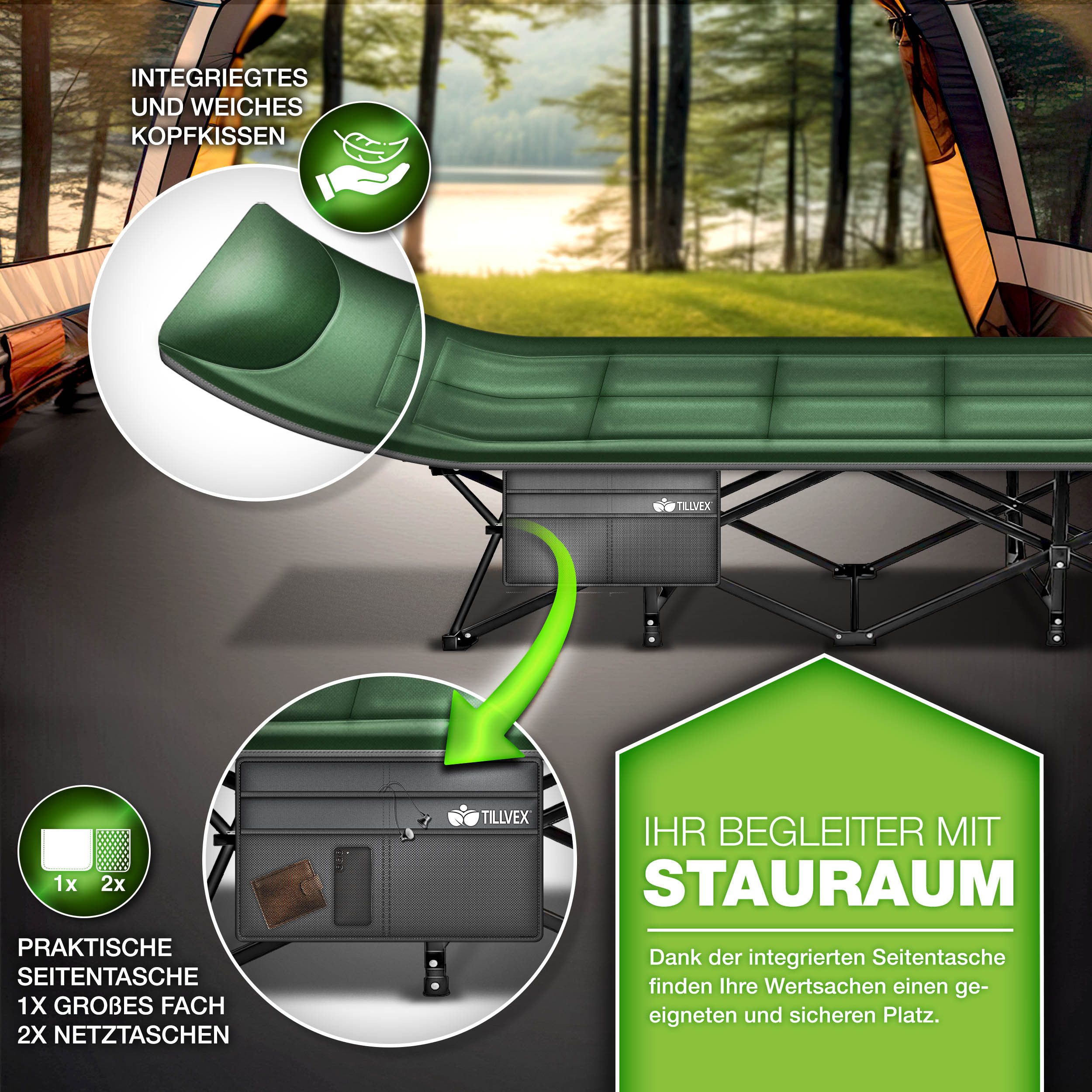 tillvex Feldbett tillvex® Campingbett klappbar mit Tragetasche, Campingliege extra (Klappbett Gästebett faltbar Garten Camping Angeln Festival Reise, Karpfenliege für Outdoor & Indoor) transportieren