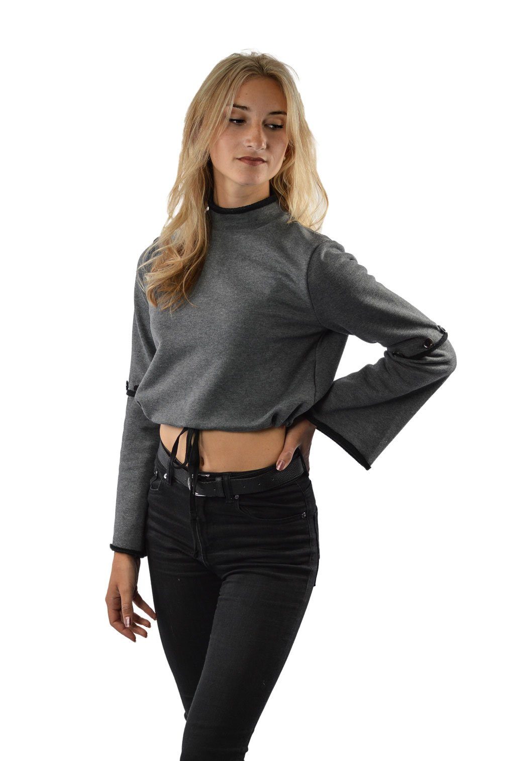 EMPIRE-THIRTEEN Stehkragenpullover LADIES SWEATER "DAISY" Ärmel mit Knöpfen