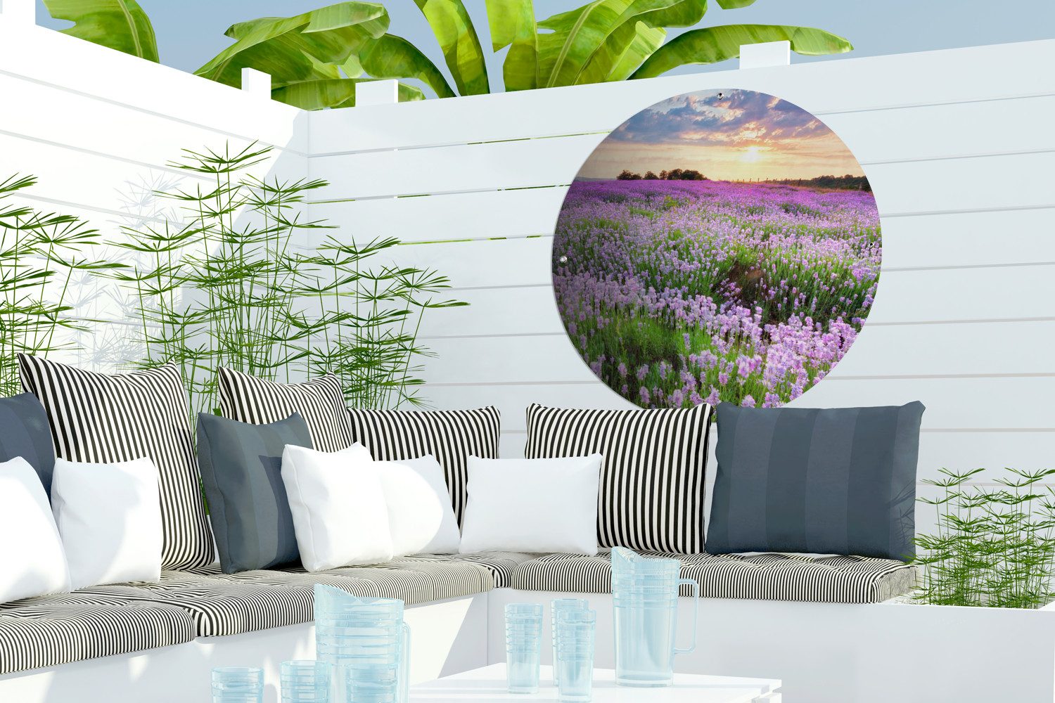 OnlyWow Poster für Garten Lavendel - Blumen - Sonnenuntergang - Lila - Wiese, Gartenposter, Outdoor Bilder, Wetterfest, Garten Deko, 60x60 cm