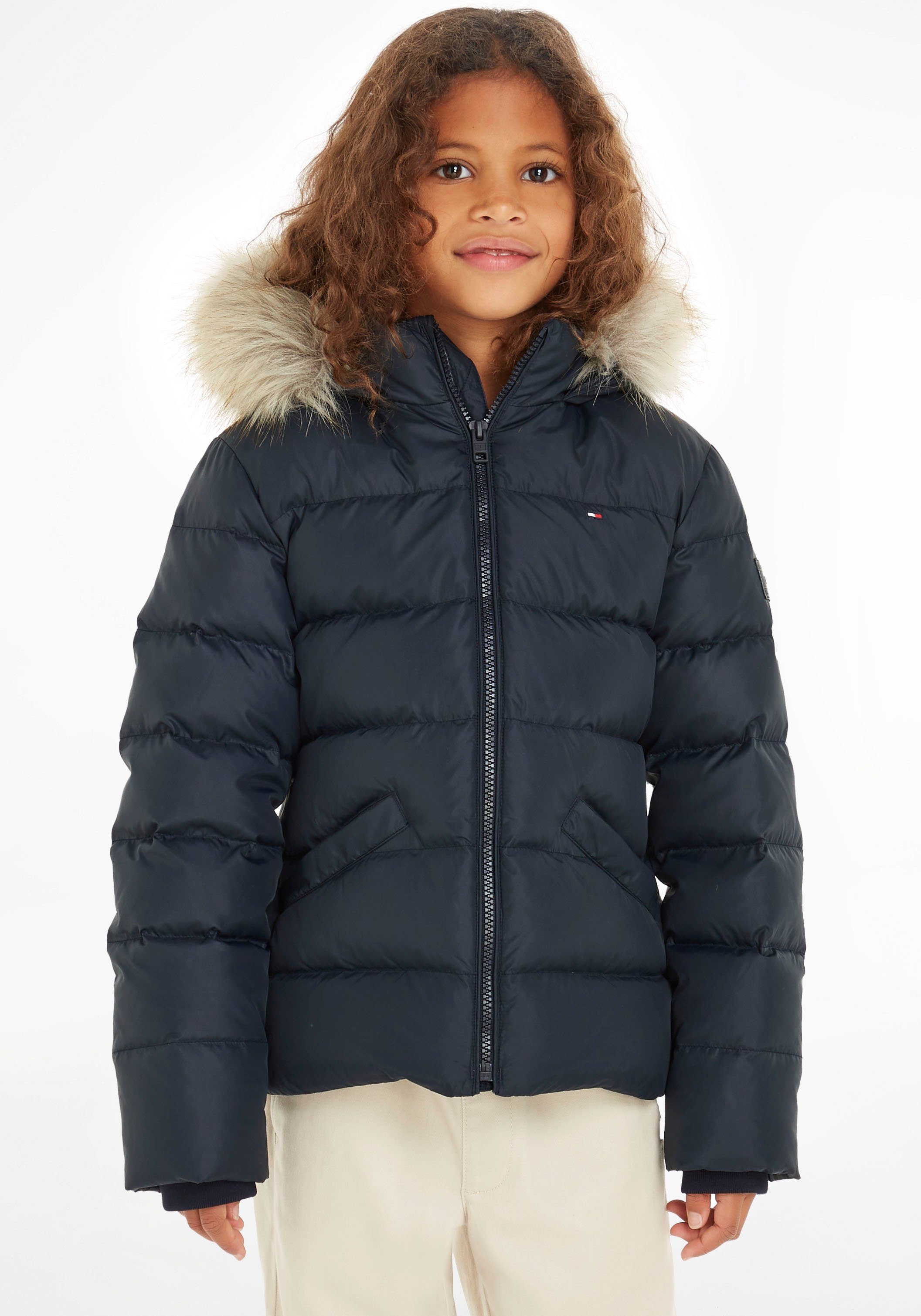 DOWN Tommy Hilfiger HOOD mit ESSENTIAL FUR der an Kapuze Daunenjacke Desert_Sky Fellimitat JACKET