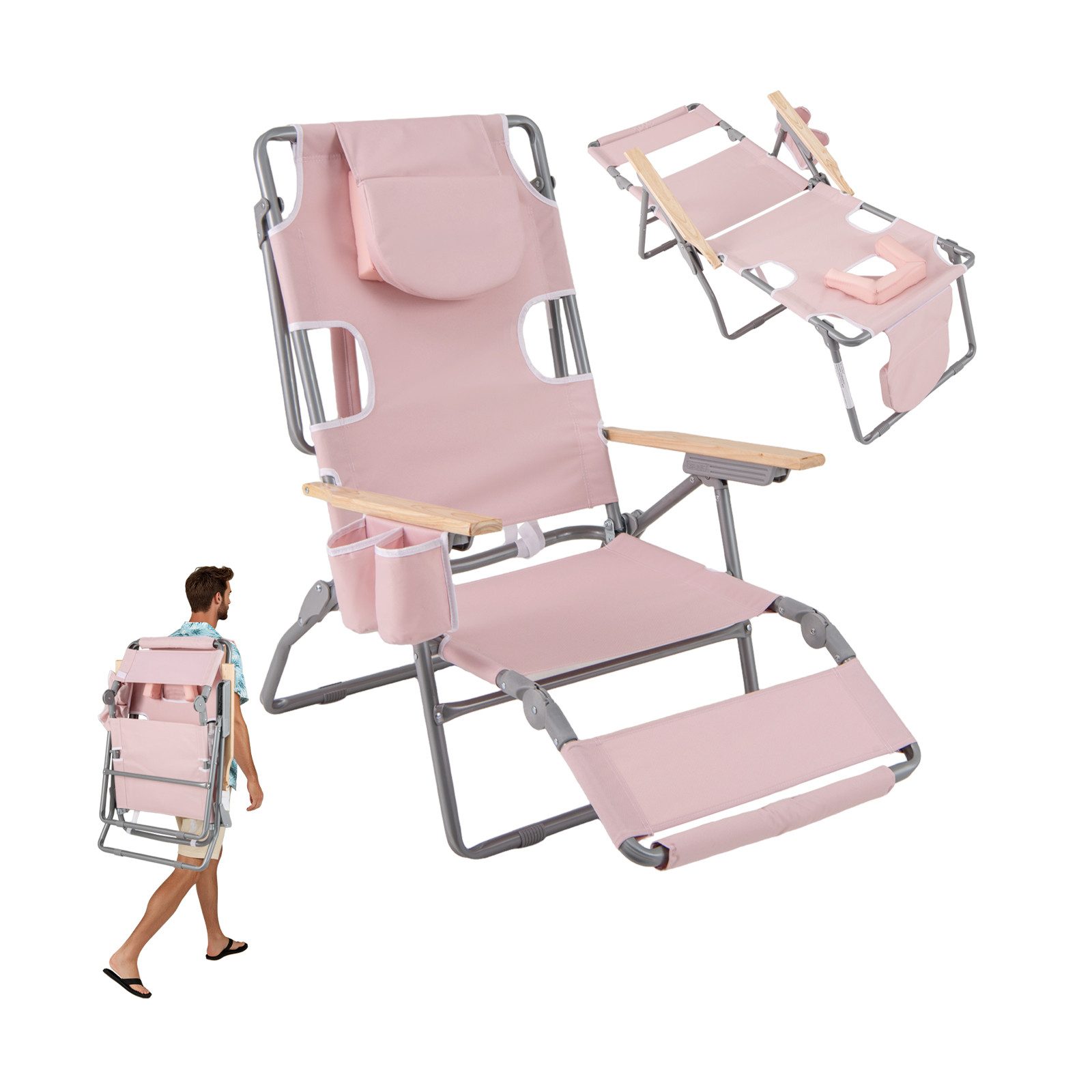 KOMFOTTEU Campingstuhl, 3-in-1Strandliegestuhl mit Fußstütze