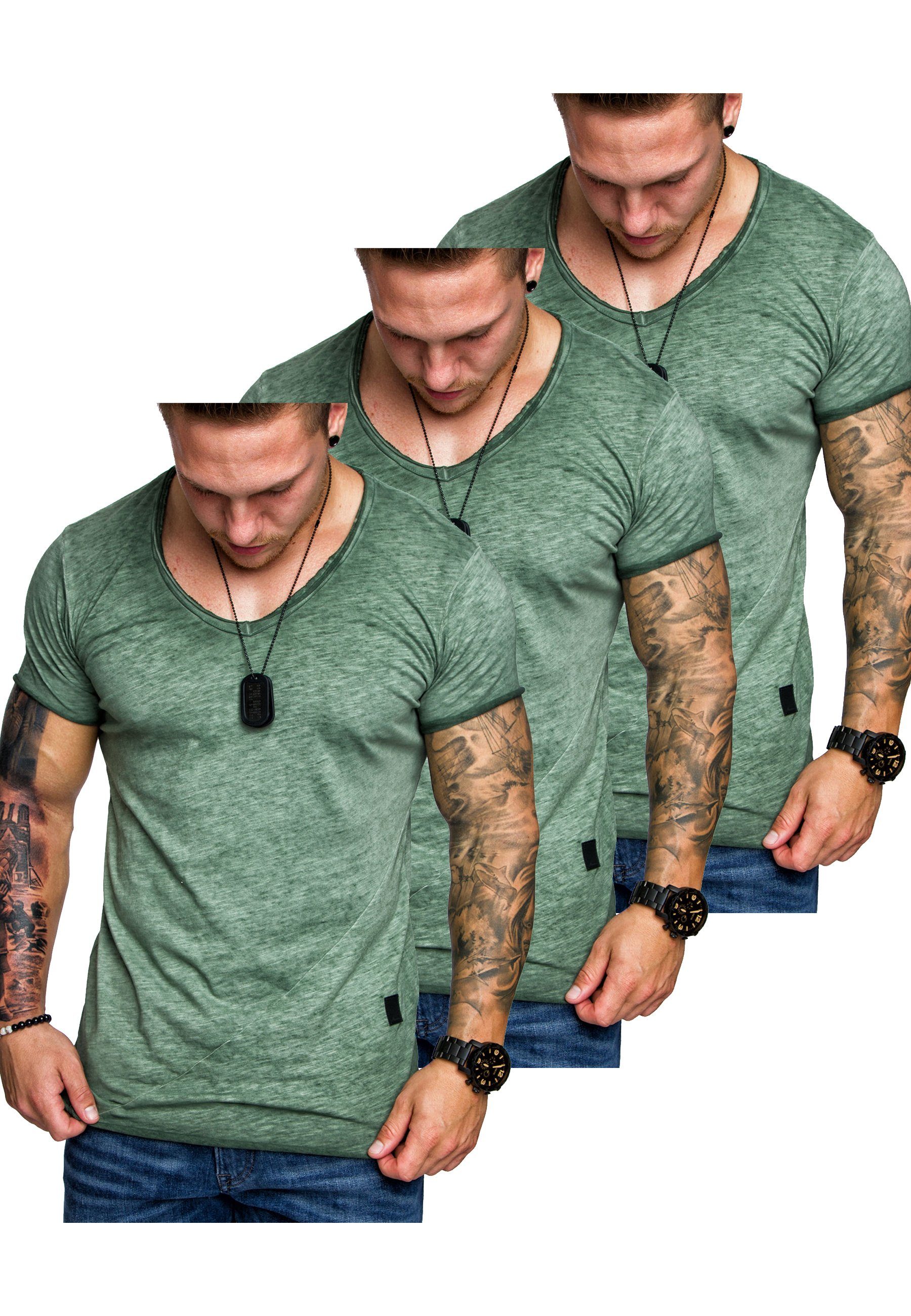 Herren NYC Amaci&Sons V-Ausschnitt T-Shirts T-Shirt mit 3. Oversize 3er-Pack Herren T-Shirt Khaki) (3er-Pack) Basic (3x