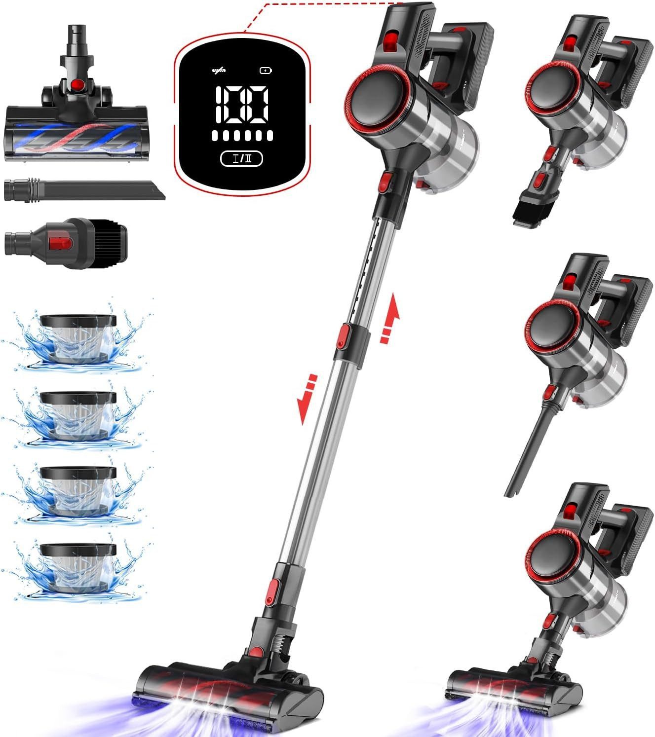 Hiazurm Akku-Hand-und Стальной пылесос Akku Пылесосы, 55000Pa/550W/50Min/1.6L Kabelloser Пылесосы, 8-in-1 Akkusauger für Teppich, Hartboden, Tierhaare,Mit Dufttabletten, Mit LED Display,HEPA*4