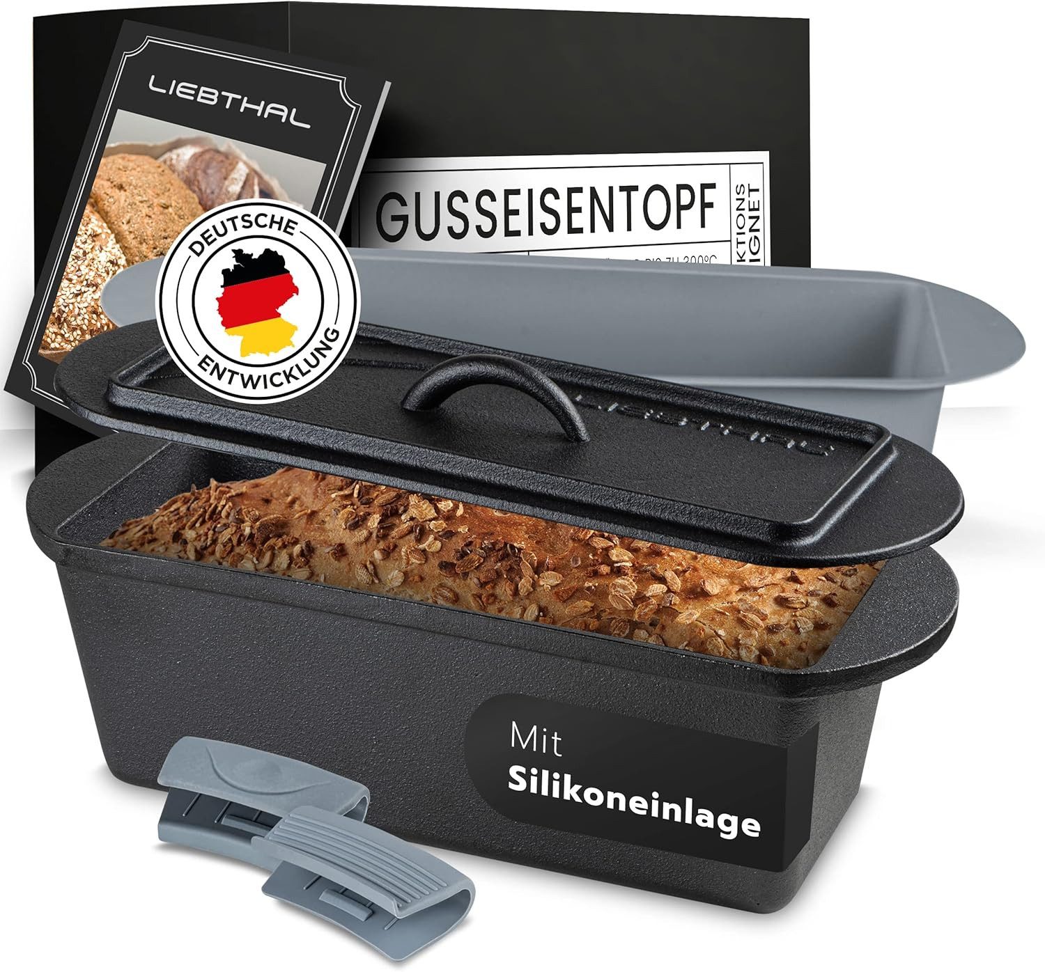 Liebthal Brotbackform aus Gusseisen - mit Deckel, eingebrannt, Silikoneinlage, 3,5L, Silikongriffe, für alle Herdarten