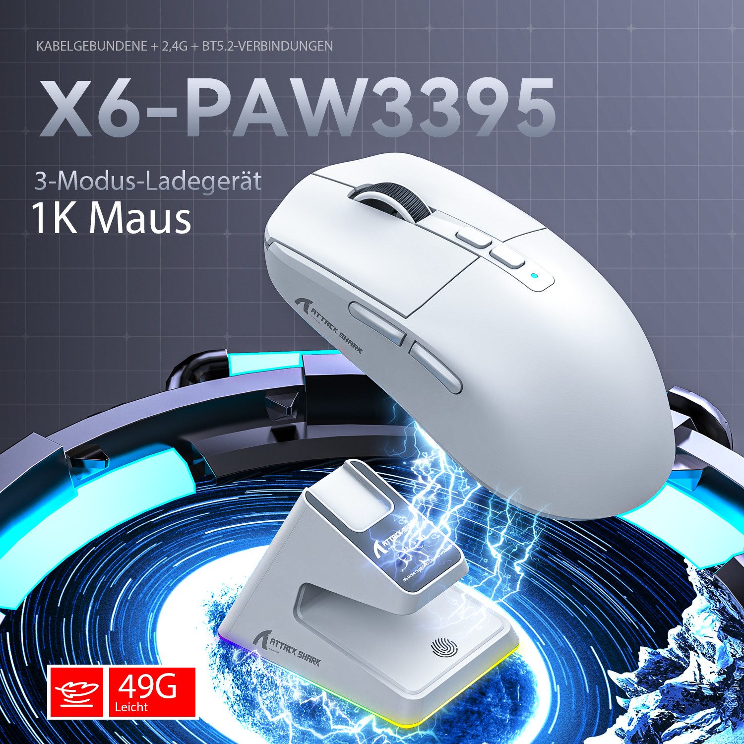 ATTACK SHARK ATTACK SHARK X6 Kabellose Gaming-Maus, Ladestation, 49g, PAW3395 Gaming-Maus (2.4G, Bluetooth, kabelgebunden, Ladestation)