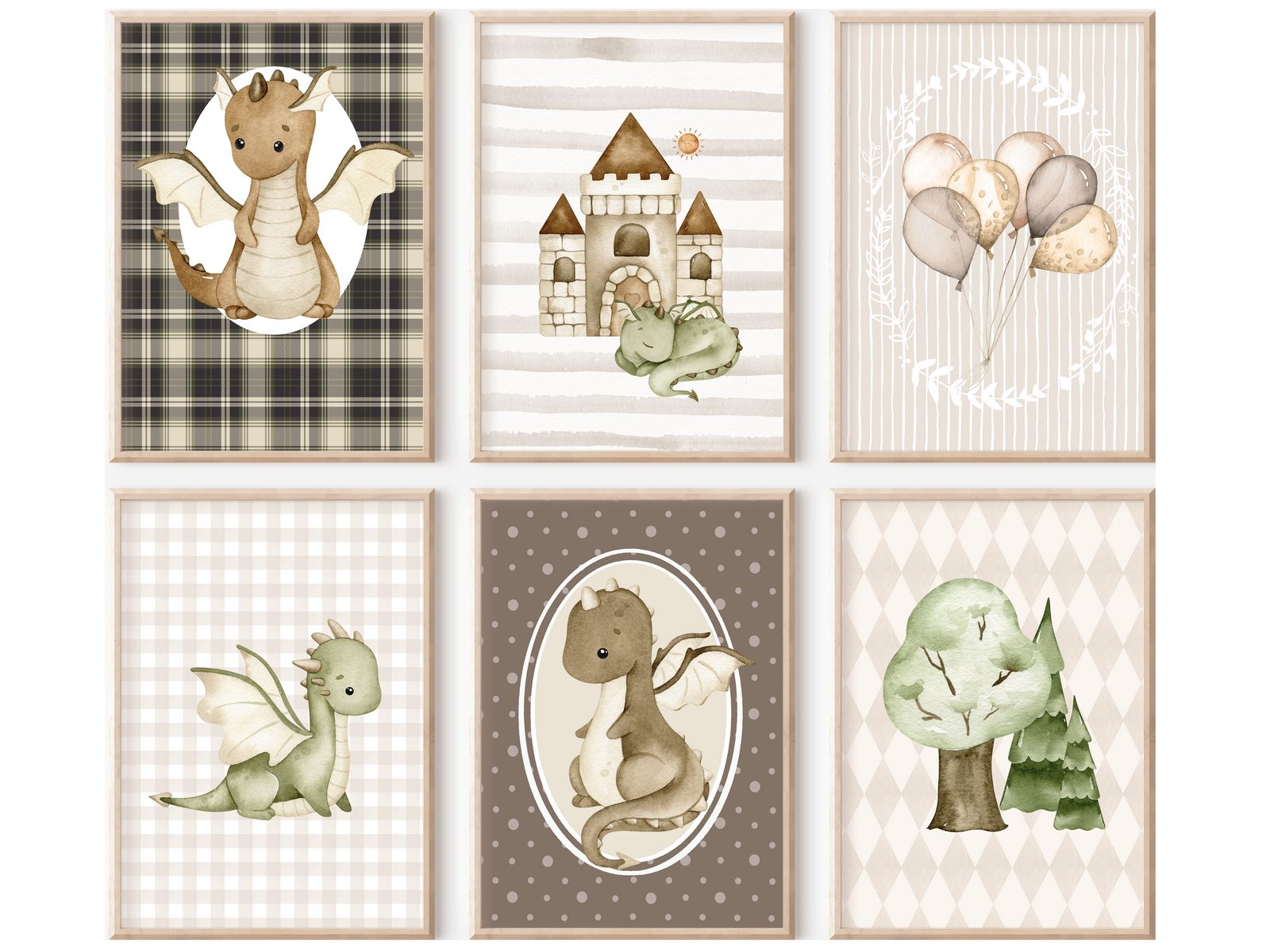 homestyle-accessoires Poster Kinderzimmer Bilderwand 6erSet Bilderset Babyzimmer DINOSAURIER, Hochformat, Künstlerpapier, ohne Rahmen