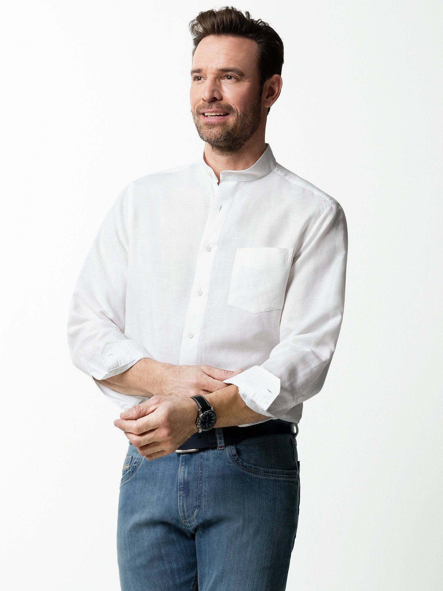 Leinenhemd Herren Stehkragen-Leinenhemd Comfort Fit pflegeleicht