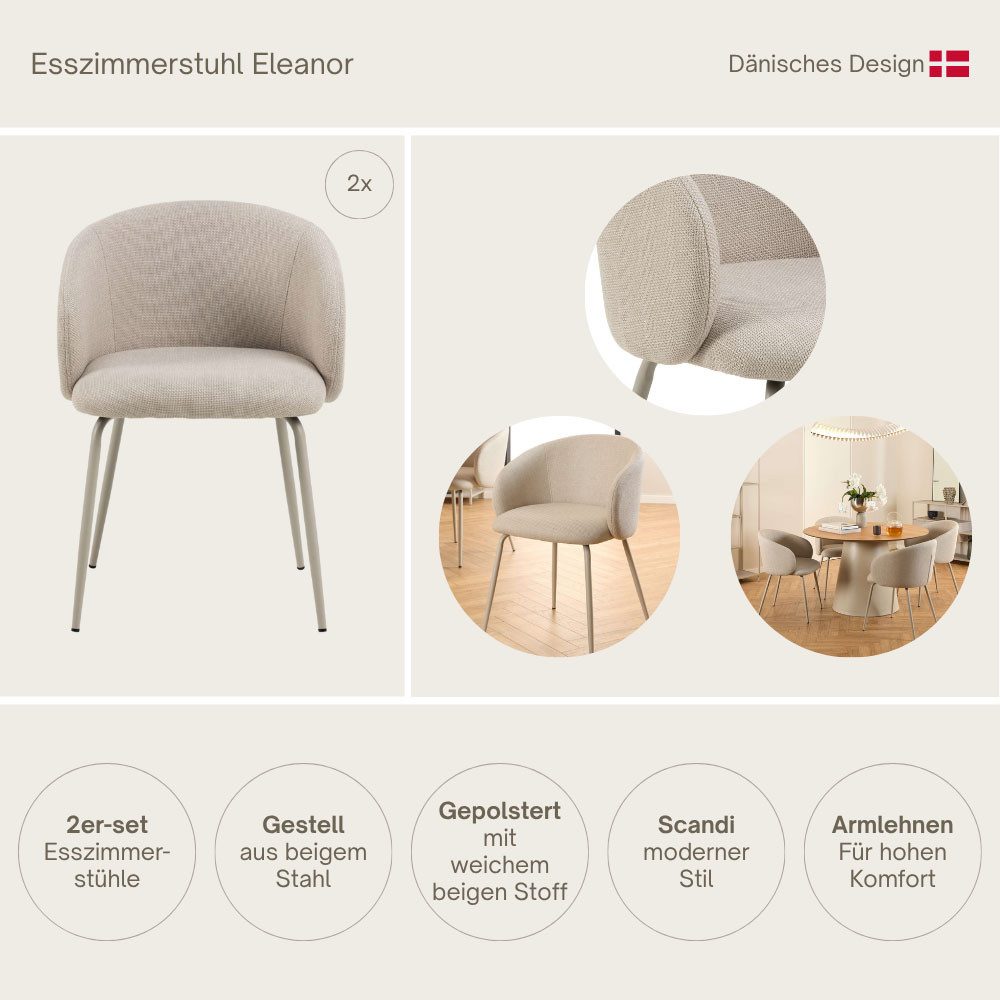 ACTONA GROUP Esszimmerstuhl Eleanor Esszimmerstuhl mit Armlehnen, 2 Stück, weicher Stoff (Set), Stahlgestell, organisch, zeitloses skandinavisches Design