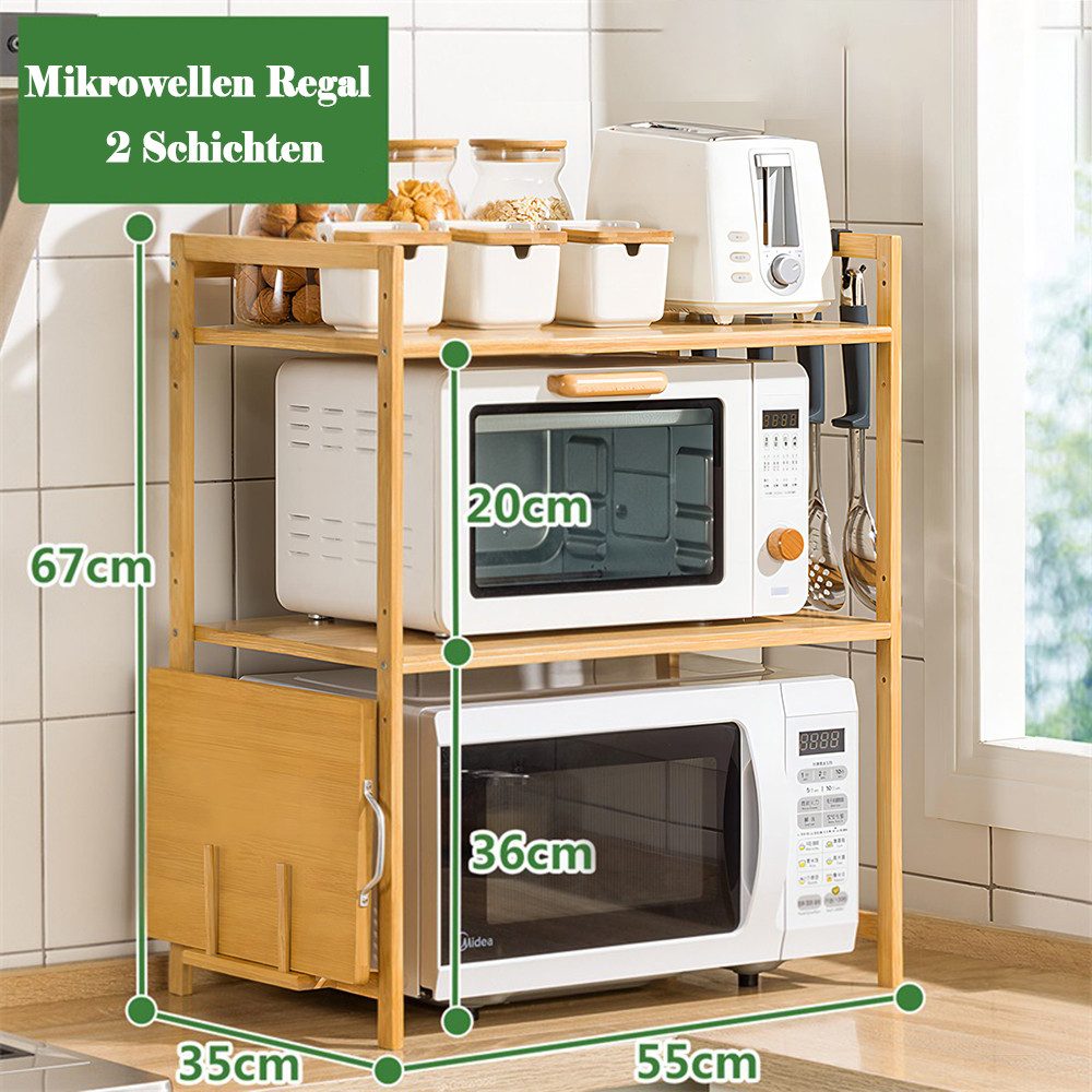 TUWENA Regalelement Bamboo Mikrowellen Regal mit Schneidebrettständer und 4 Hacken, Höhenverstellbar Mikrowellenständer für Arbeitsplatte