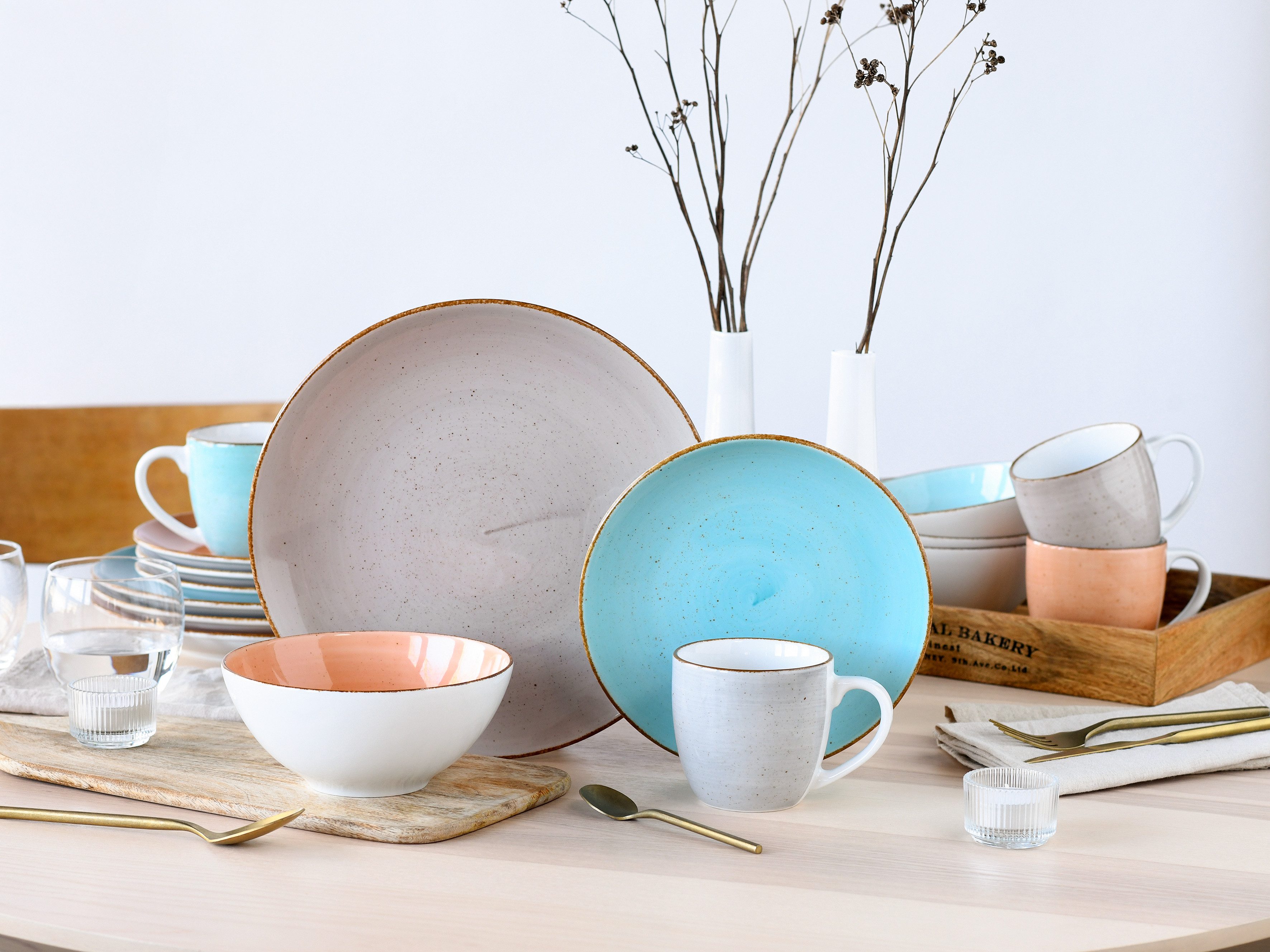 CreaTable Kombiservice Geschirr-Set VINTAGE NATURE (16-tlg), 4 Personen, Porzellan, Service, handgemalt, gesprenkelt, 16 Teile, für 4 Personen