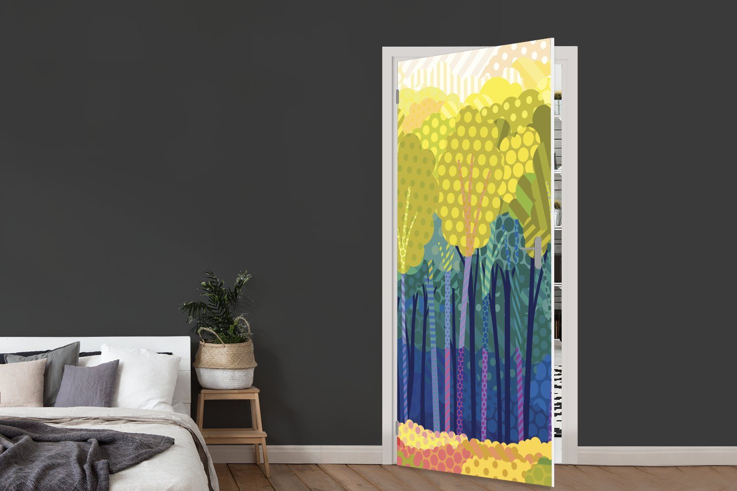 Tür, MuchoWow Türaufkleber, Türtapete (1 Wald, von Eine für Fototapete cm Illustration Matt, in grünen bedruckt, St), einem Bäumen 75x205