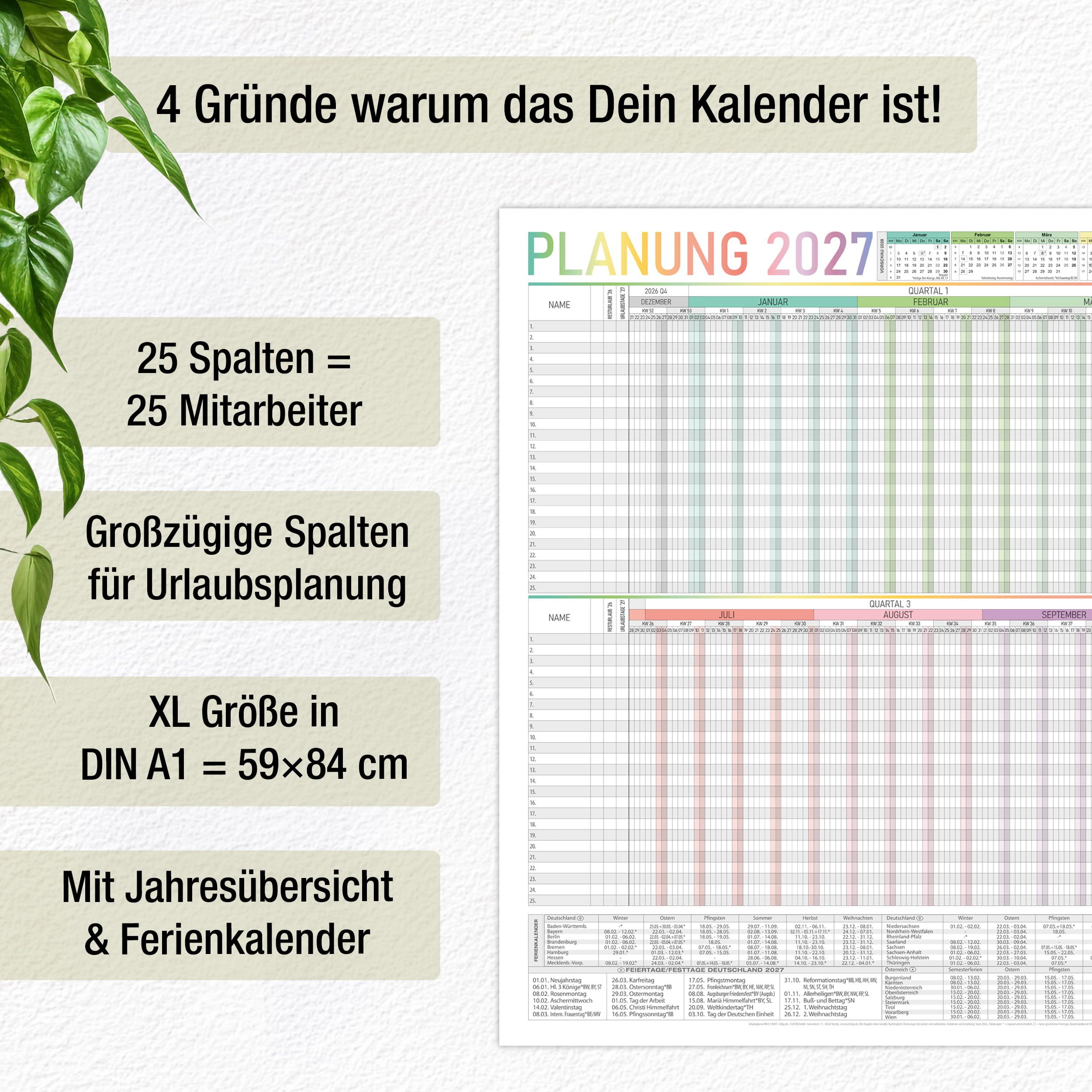 TOBJA Wandkalender Urlaubsplaner 2027 A1 Bunt – XXL Wandkalender 25 Personen, A1 XXL, 25 Personen, Regenbogen, Ferienübersicht – Bild 4 von 5