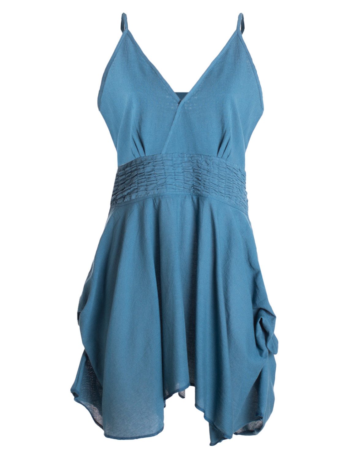 Vishes Zipfelkleid Damen Kleid Träger V-Ausschnitt Smok Gewebte Baumwolle Alternative Mode, Boho, Hippie, Ethno, Festival