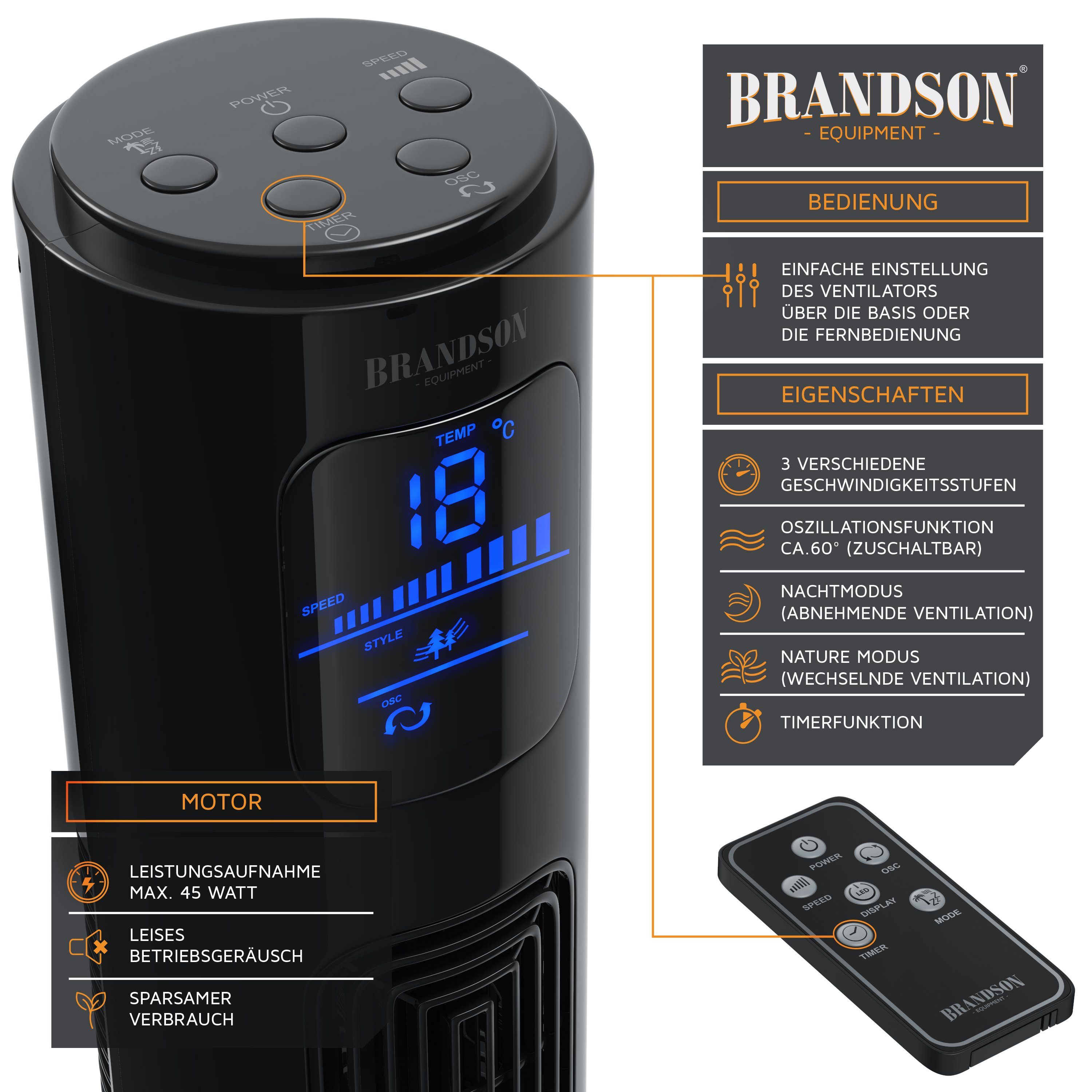 Brandson Turmventilator Oszillation 65°, Timer, Fernbedienung, Standventilator 96cm, Schwarz, Preisträger 2025, mobiler Lüfter leise, 4 Lüftungs-Modi, GS-Geprüft