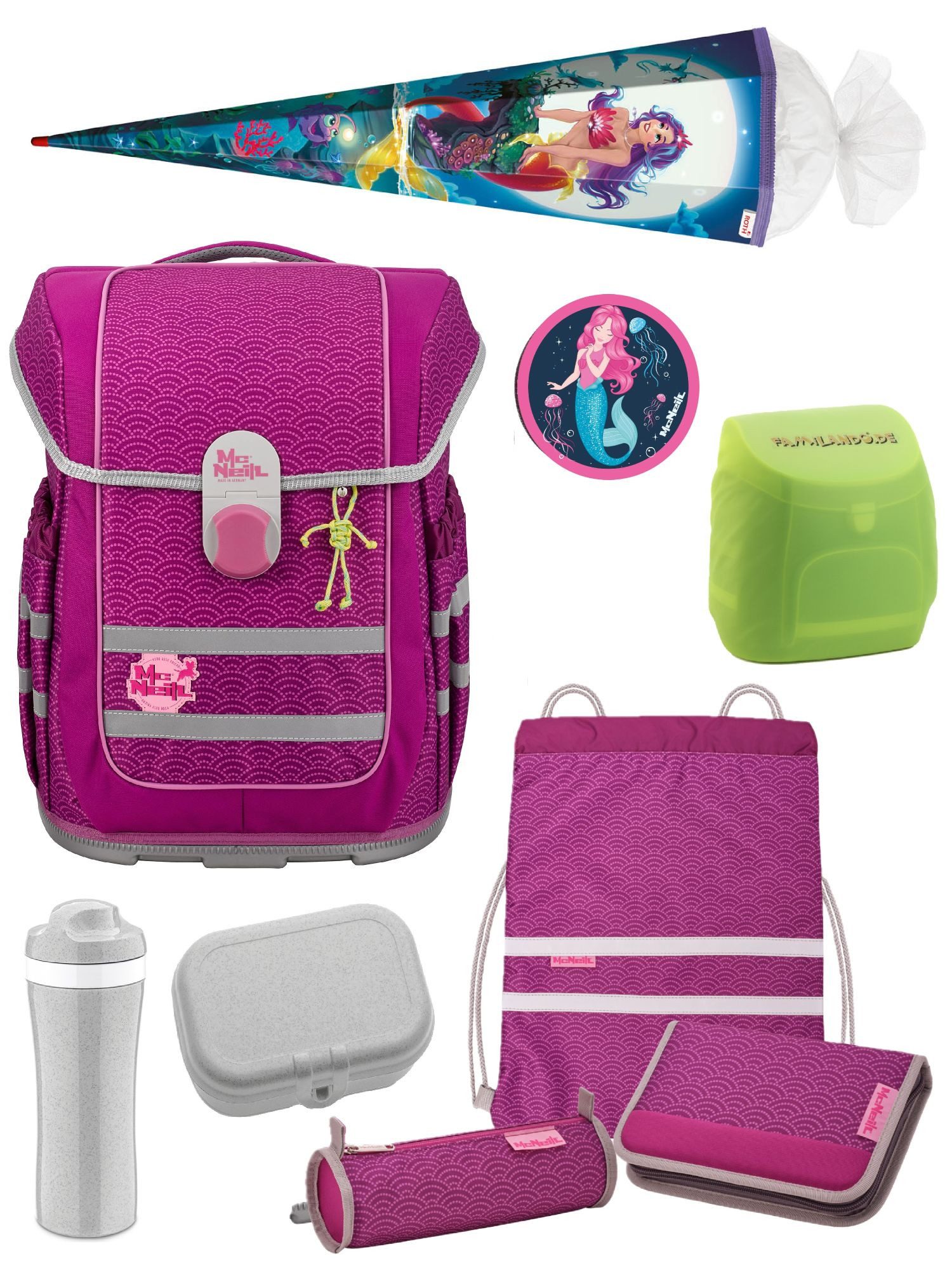 McNeill Schulranzen Ergo Complete 1.-4. Klasse ergonomisch, leicht, Volumen 20 Liter (Set, 9-tlg., inkl. Brotdose, Trinkflasche und Schultüte / Zuckertüte 85cm), ClickFlex-Rückensystem, Reflektoren; inkl. McAddy Meerjungfrau