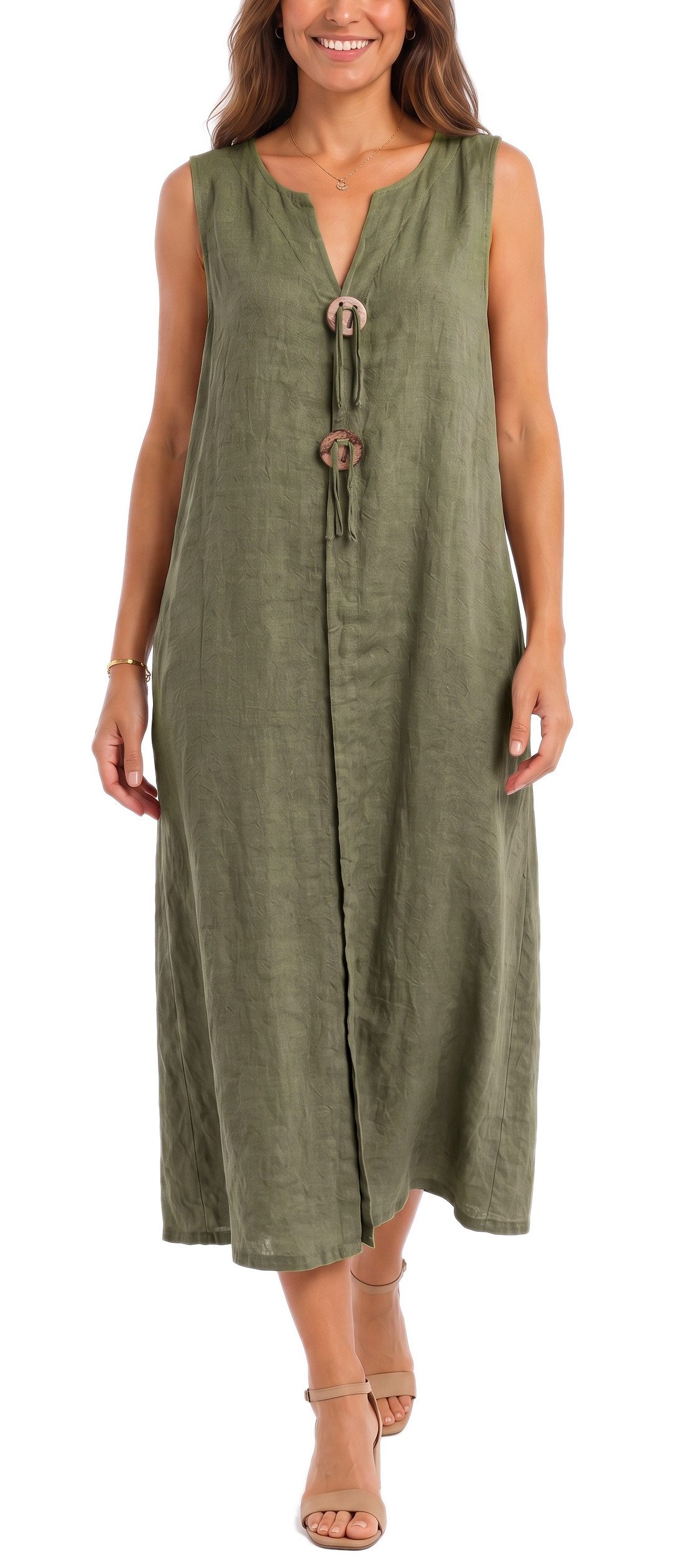 dy_mode Sommerkleid Damen Leinenkleid Luftiges Maxi Sommerkleid Strandkleid Damenkleid in Unifarbe, V-Ausschnitt, mit seitlichen Eingriffstaschen