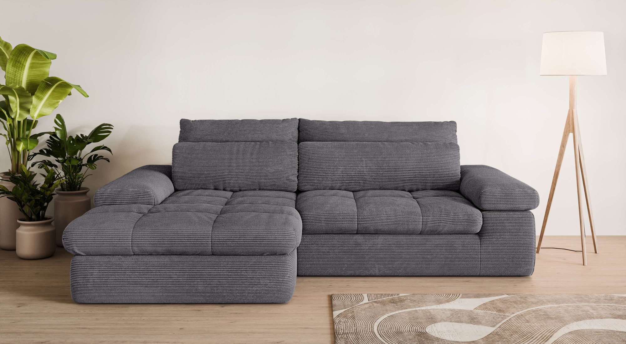 Home affaire Ecksofa ALVERIE mit Recamiere, moderne Steppung, Maße: B/T/H 274/203/106 cm, L-Form mit Wellenunterfederung, mit 4 Rückenkissen, pflegeleicht Stoff