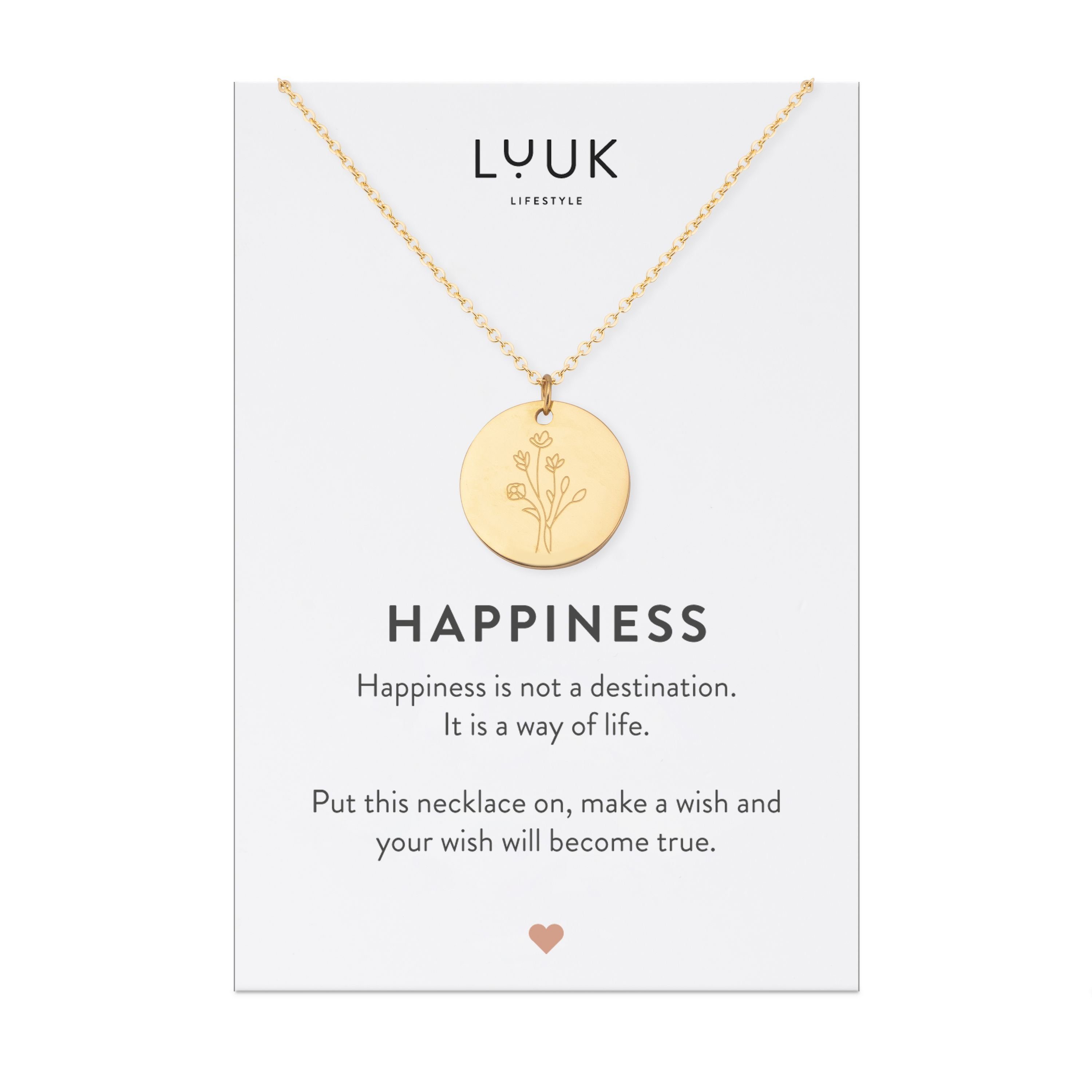 LUUK LIFESTYLE Kette mit Anhänger HAPPINESS Gold Edelstahl Geschenkkarte, hochwertiger Blume