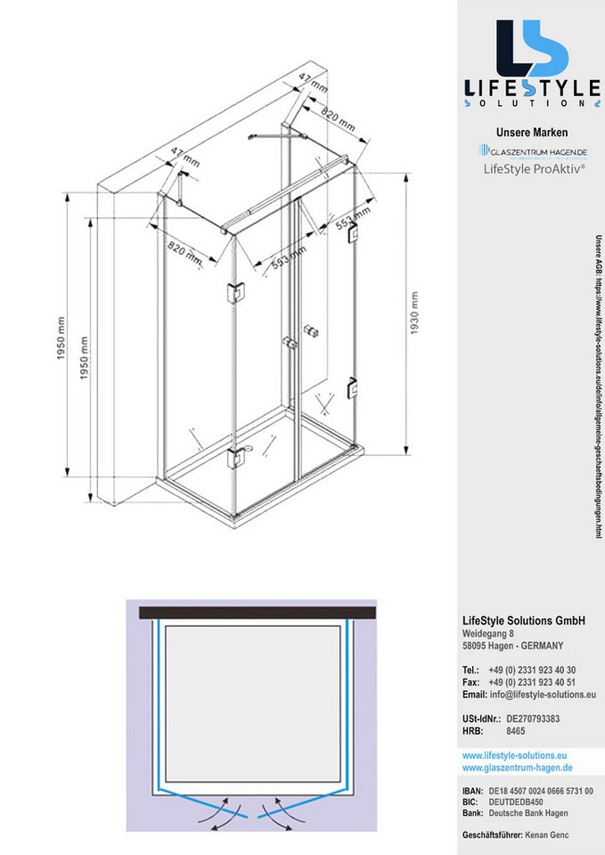 Thumbnail - Glaszentrum Hagen Eckdusche Glaszentrum Hagen - 90x120x90x195 cm - Ares U-Duschkabine Dusche Dusch