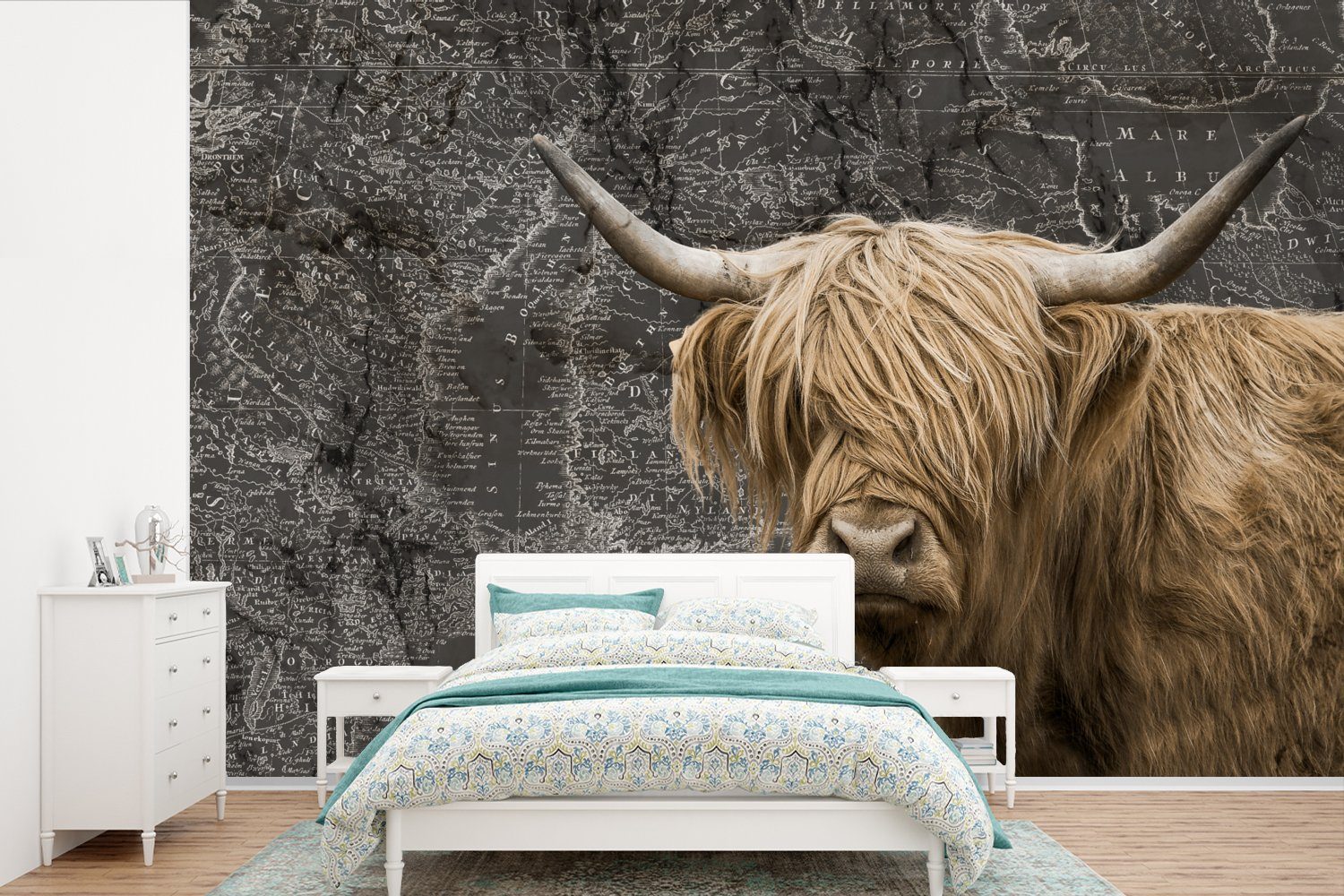 MuchoWow Fototapete Schottische Highlander - Kuh, für Vinyl Schlafzimmer, Weltkarte Tapete bedruckt, Kinderzimmer, - St), Wohnzimmer, Wallpaper Matt, (6