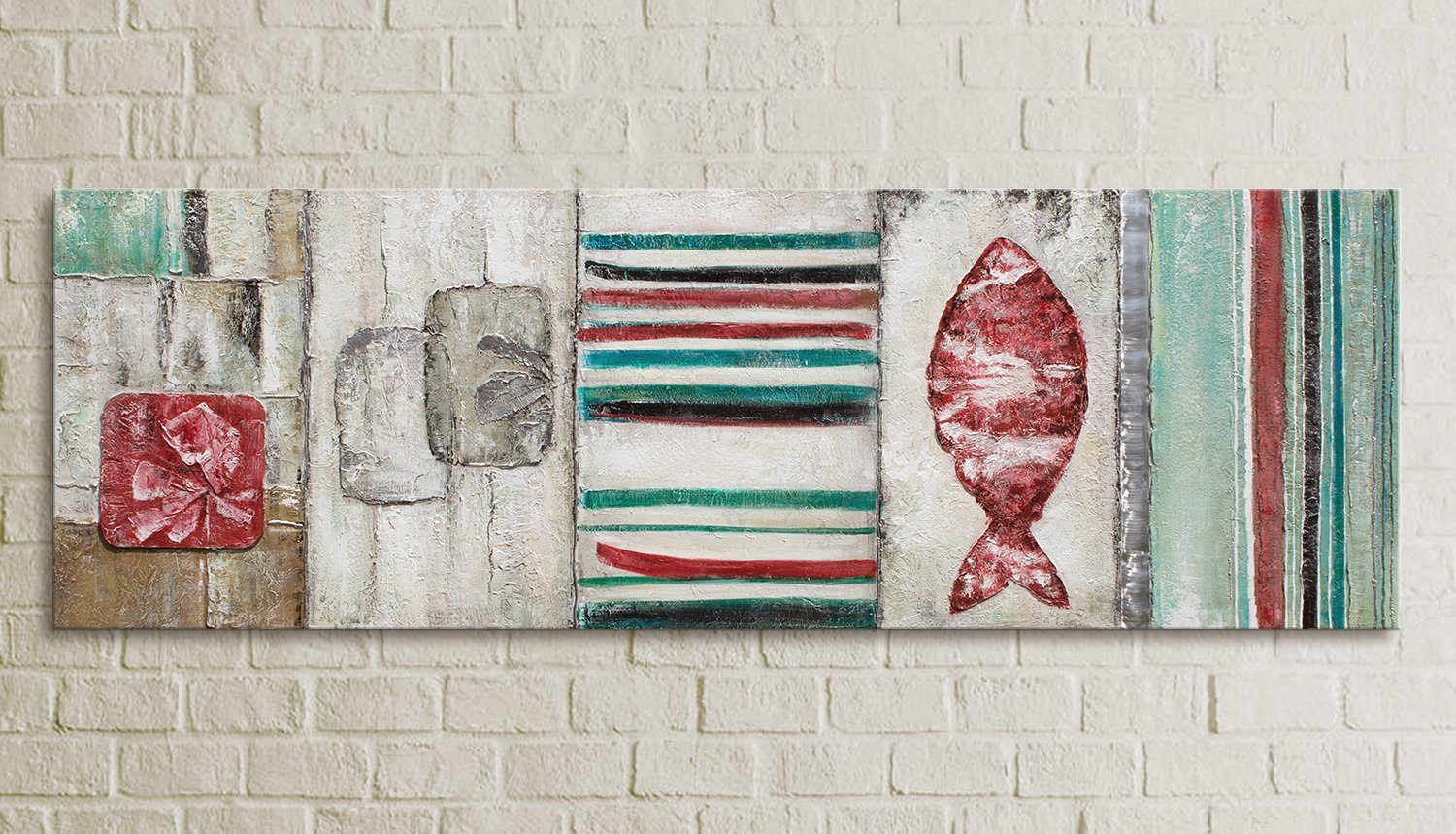 YS-Art Gemälde Behaglichkeit, Abstraktion, Abstraktes Rot Handgemalt Fisch Grün Leinwand Bild