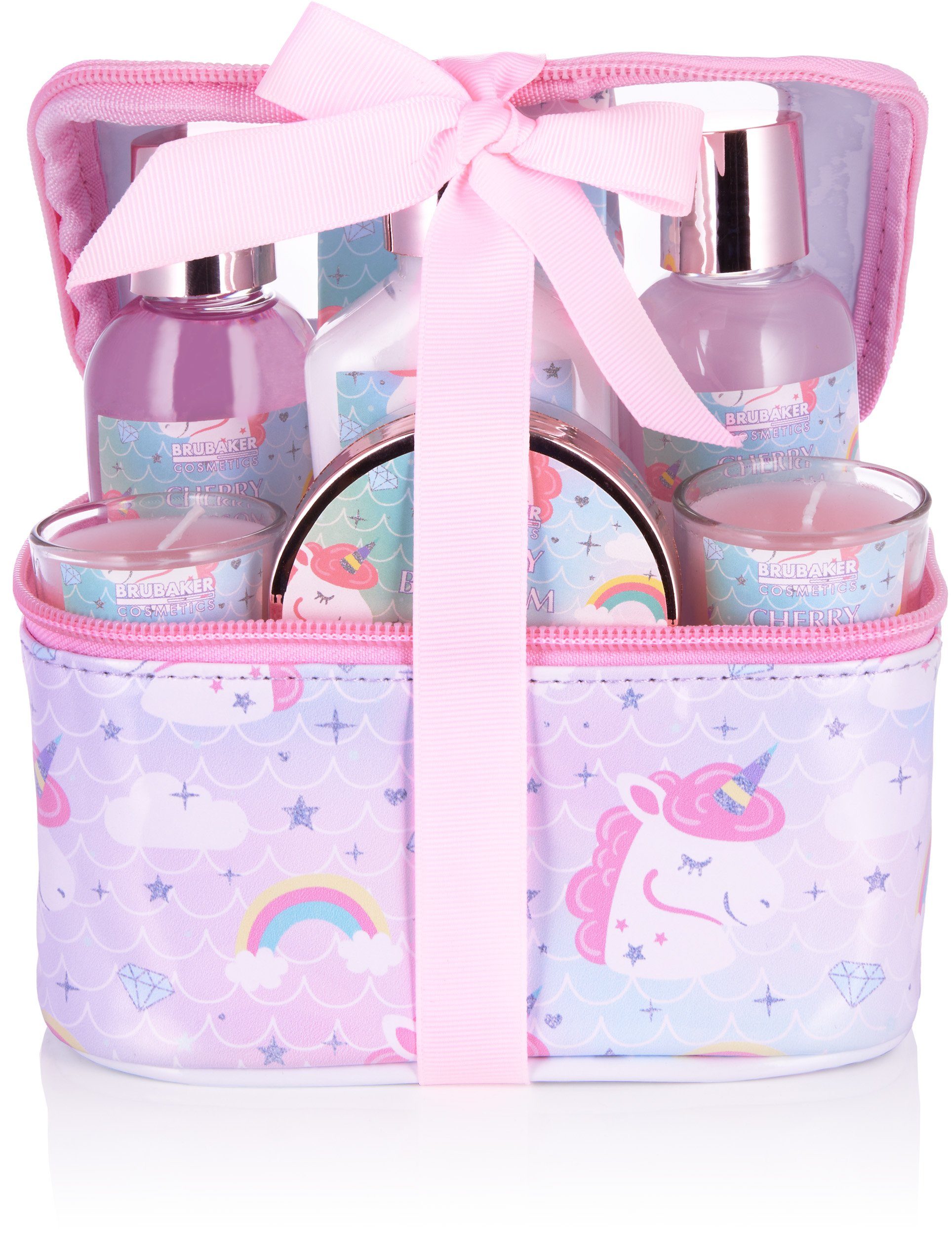 Kirschblüten Einhorn Pflegeset Beauty Hautreinigungs-Set Einhörner, Damen Dusch Duft BRUBAKER Kosmetikbox, in Wellness und mit 7-tlg., für Geschenkset mit Badeset